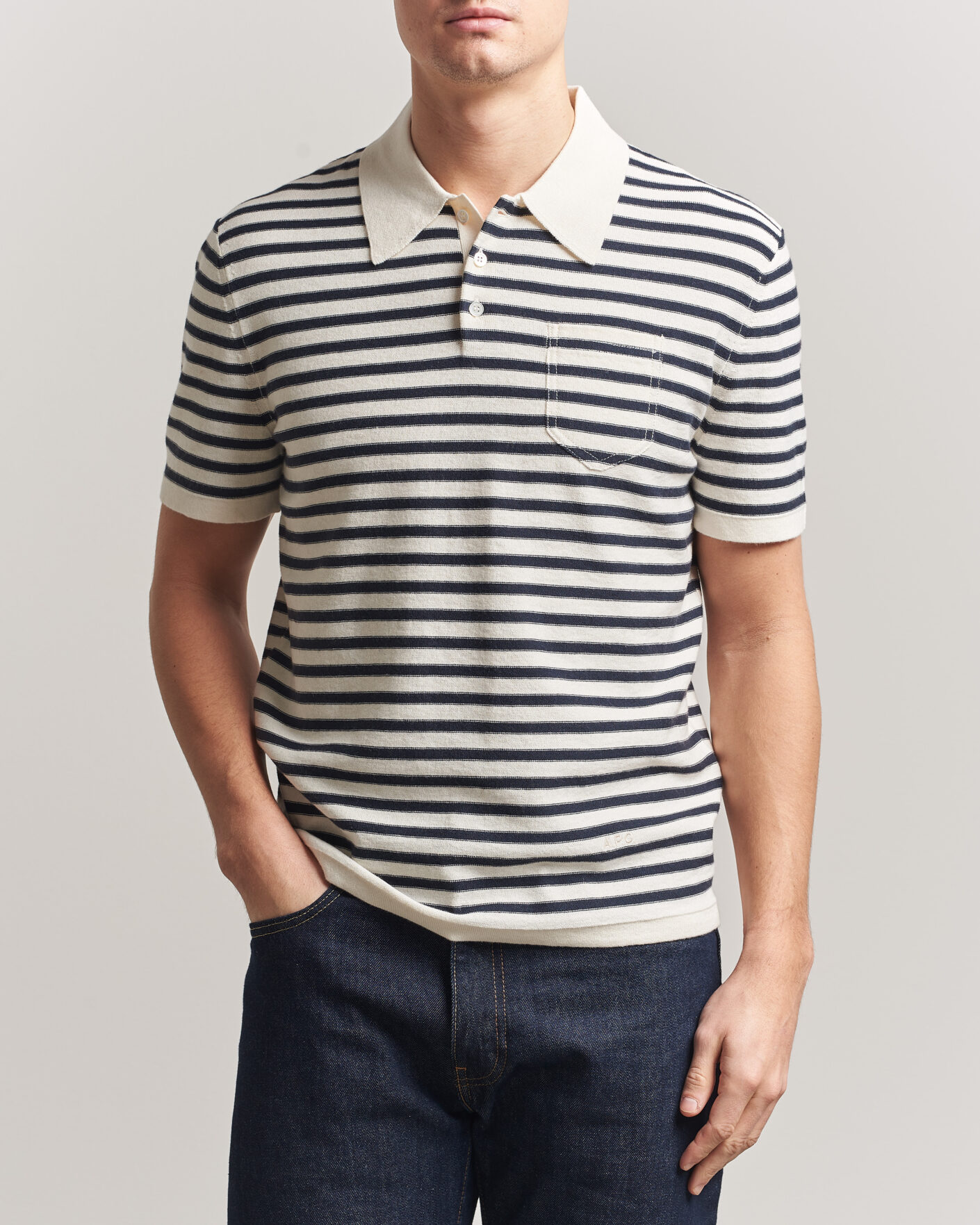 A.P.C. Eliot Cotton/Cashmere Knitted Polo Ecru/Navy at CareOfCarl.com