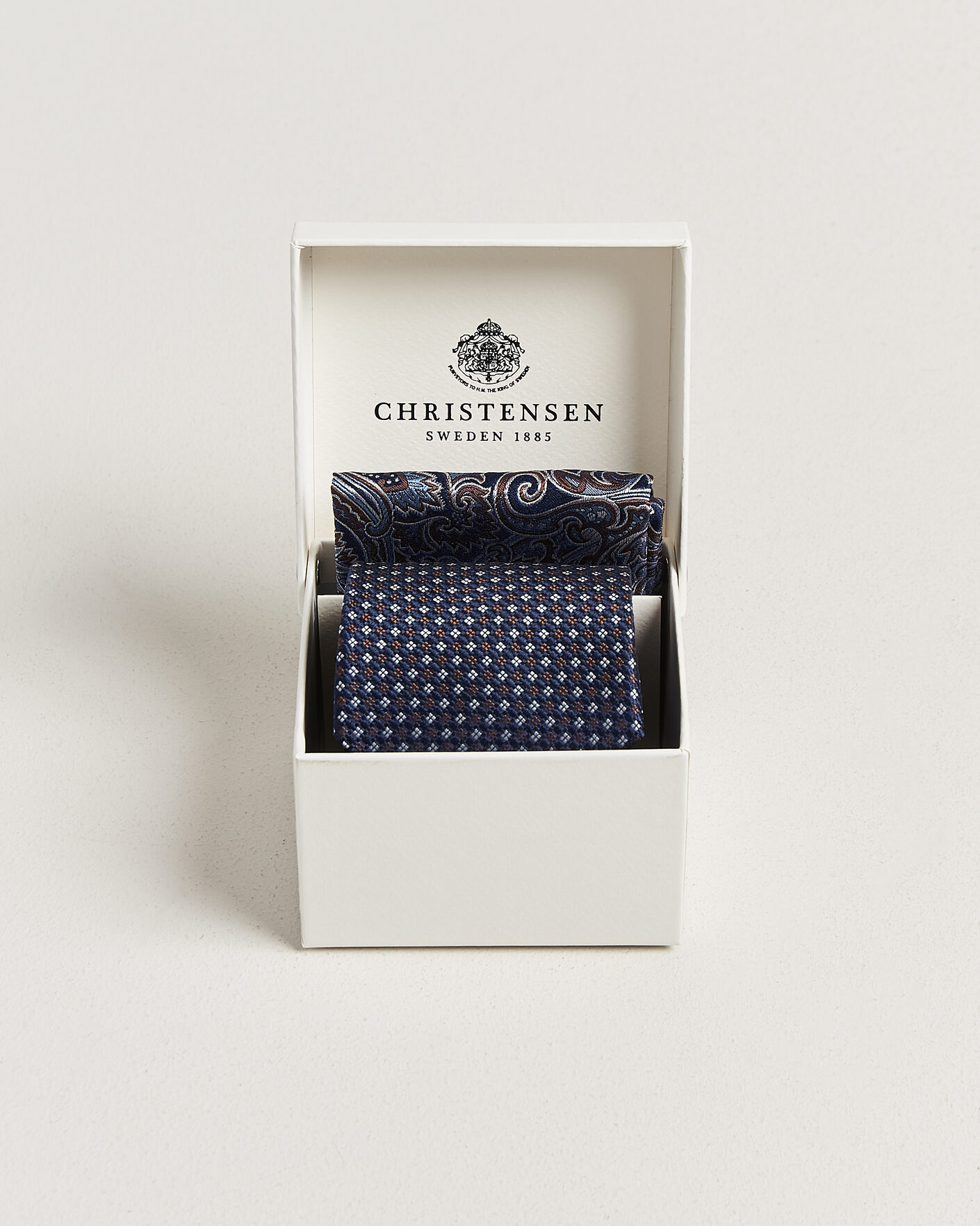 Men | Ties | Amanda Christensen | Box Set Printed Silk 8cm Tie With Pocket Square Navy/Brown