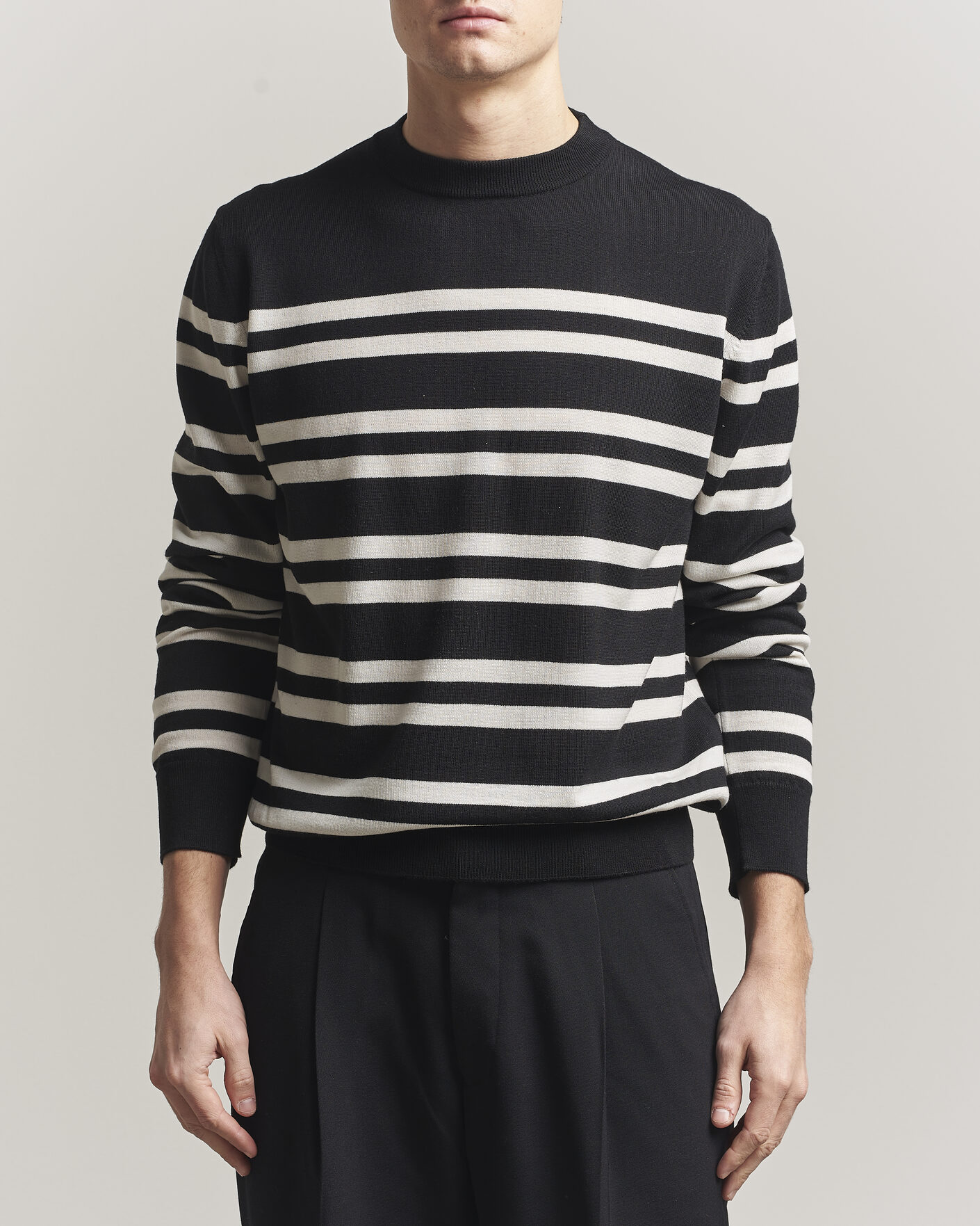 Men | Sweaters & Knitwear | Filippa K | Merino Knitted Striped Sweater Black/White