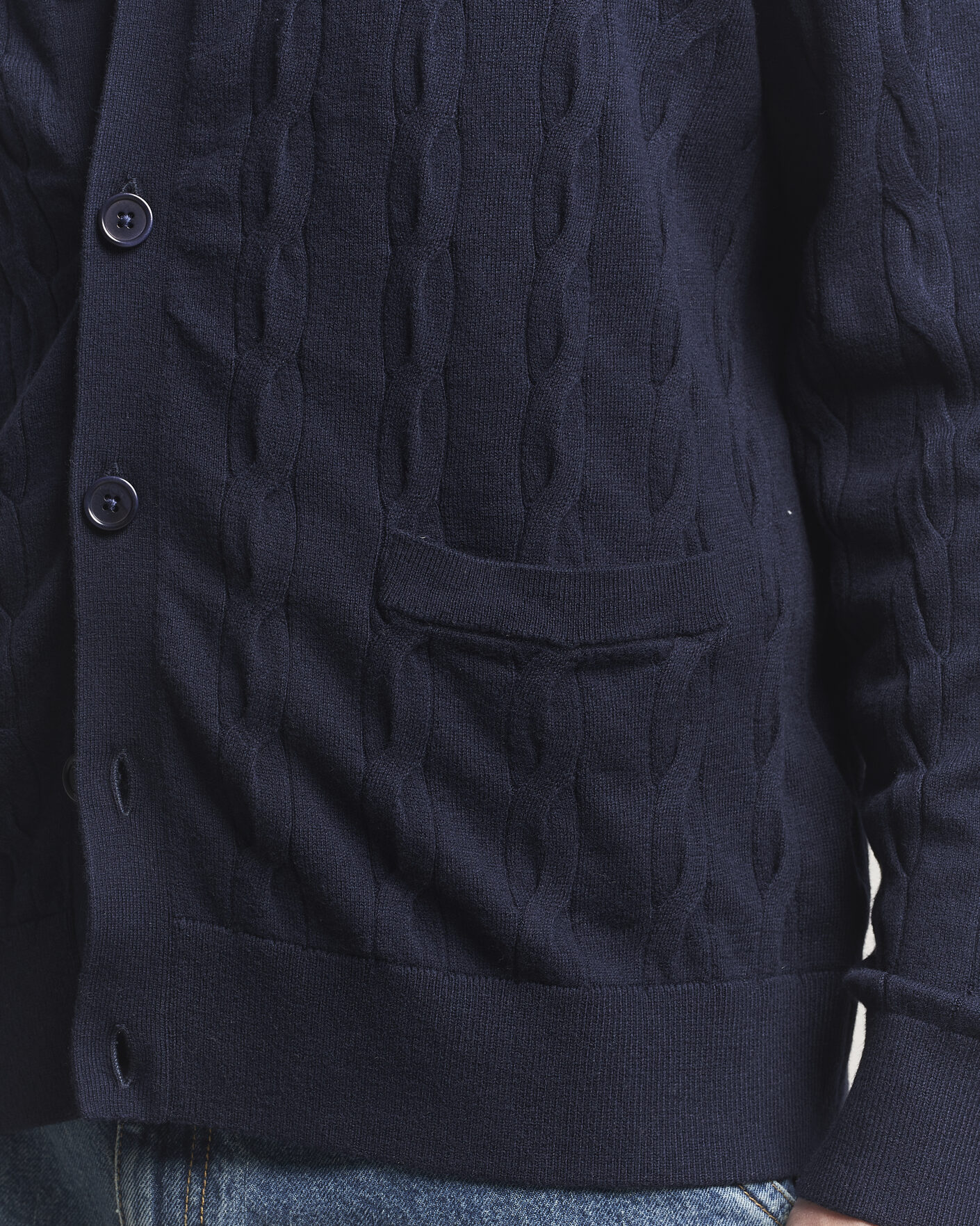 Men | Sweaters & Knitwear | Filippa K | Cotton/Merino Cable Cardigan Navy
