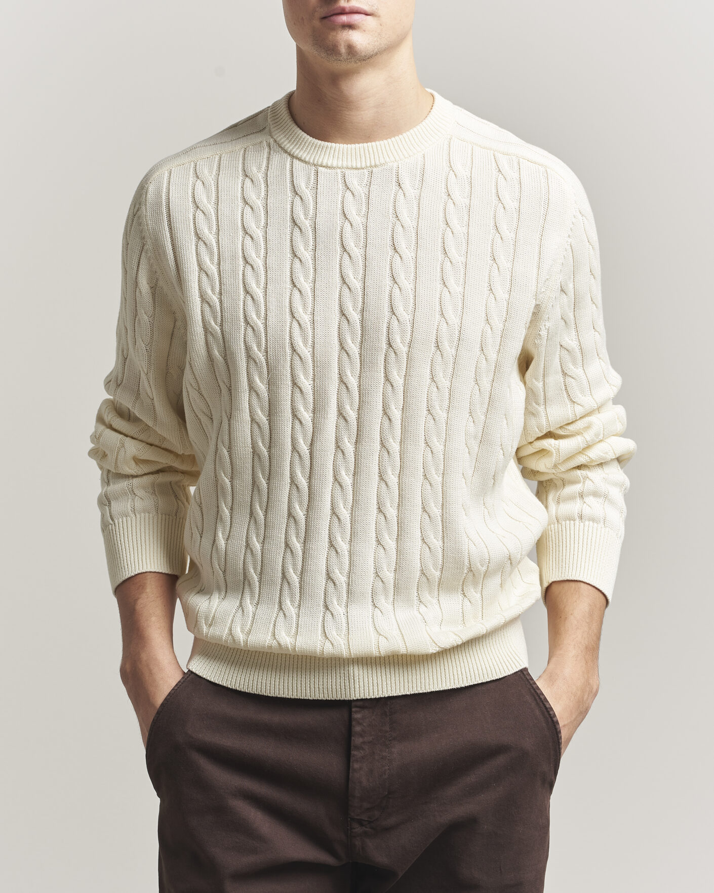 Men | Sweaters & Knitwear | Filippa K | Cotton Cable Crew Neck Sweater Calico White