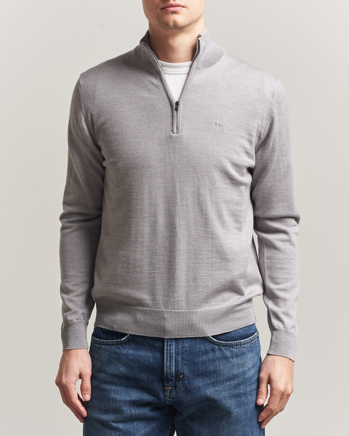 Men | Sweaters & Knitwear | J.Lindeberg | Kiyan Merino Half Zip Light Grey Melange