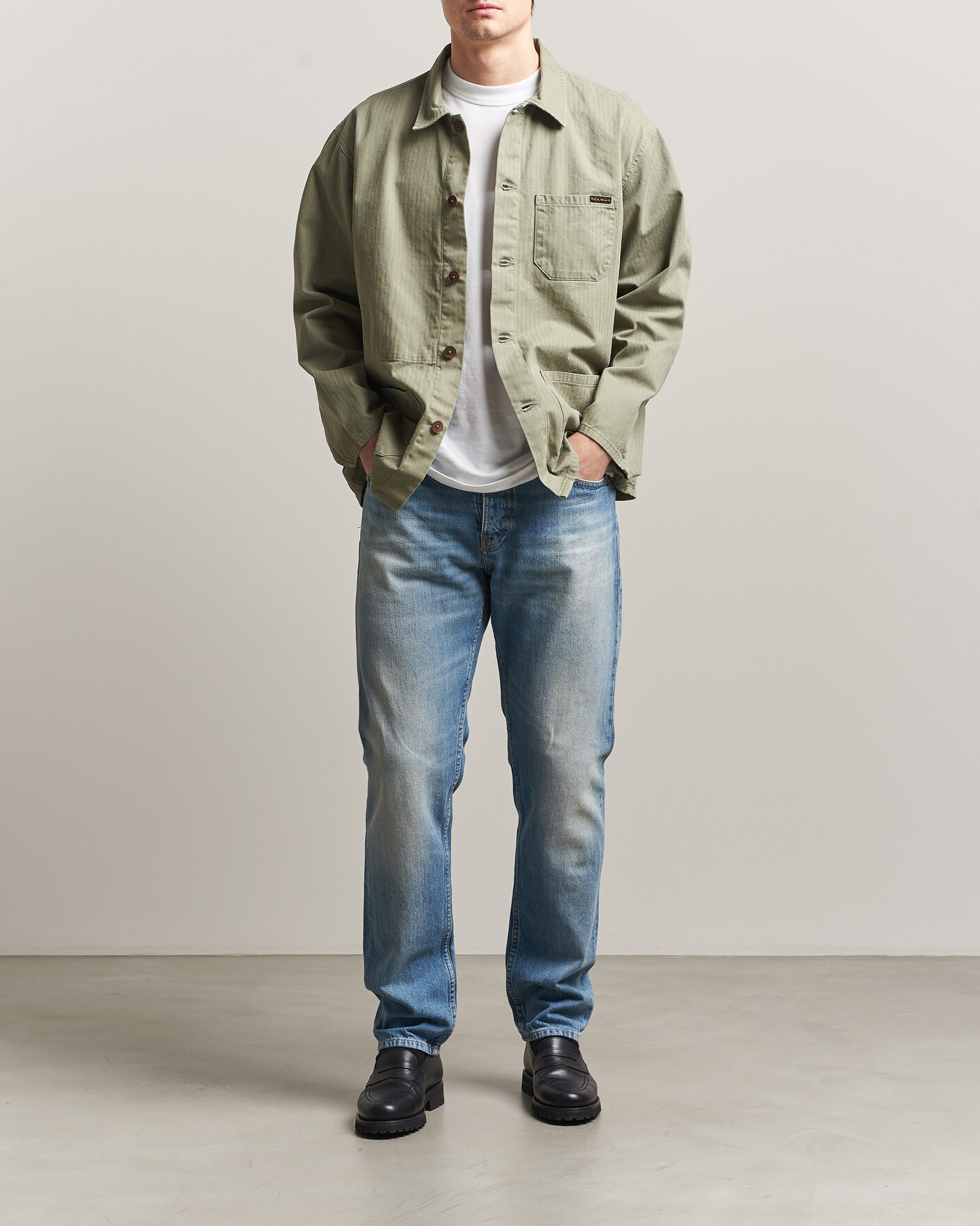Nudie Jeans Co ヘリンボーン シャツジャケット カーキ S Nudie Jeans Buddy Chore Jacket Pale Green at CareOfCarl.com
