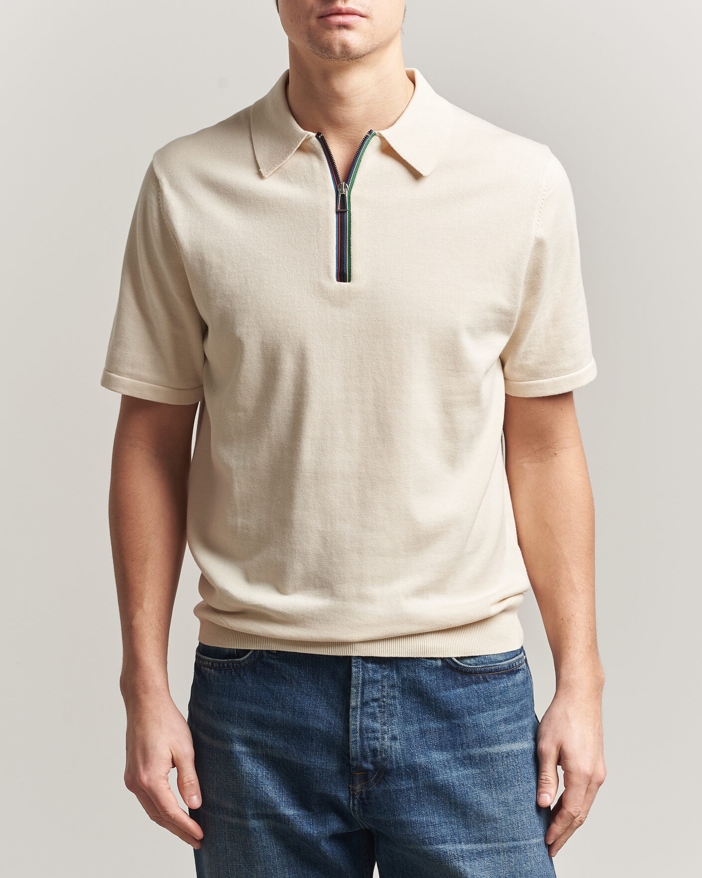 PS Paul Smith Cotton Knitted Half Zip Polo Off White at CareOfCarl.com