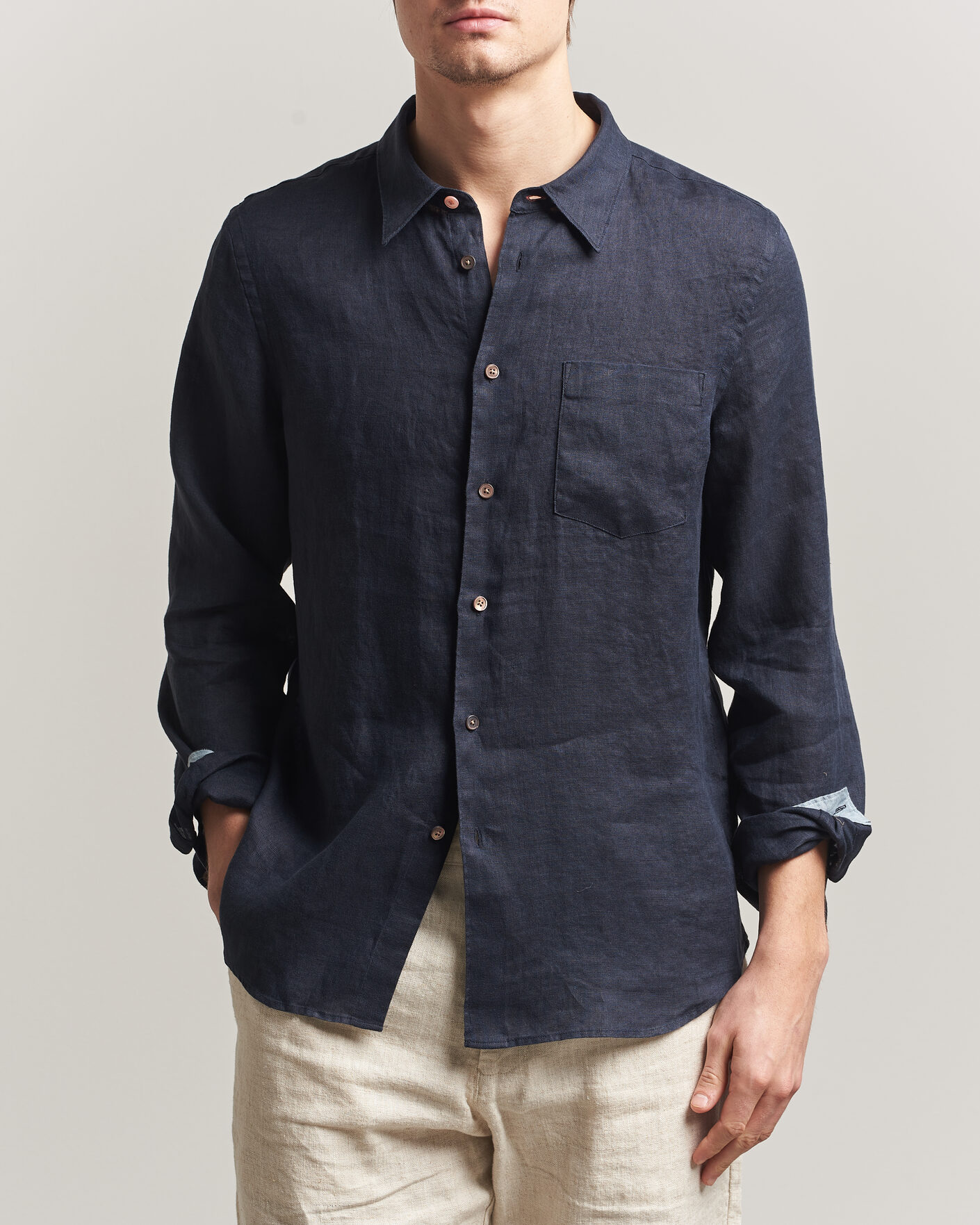 Men | Shirts | PS Paul Smith | Tailored Fit Linen Shirt Navy