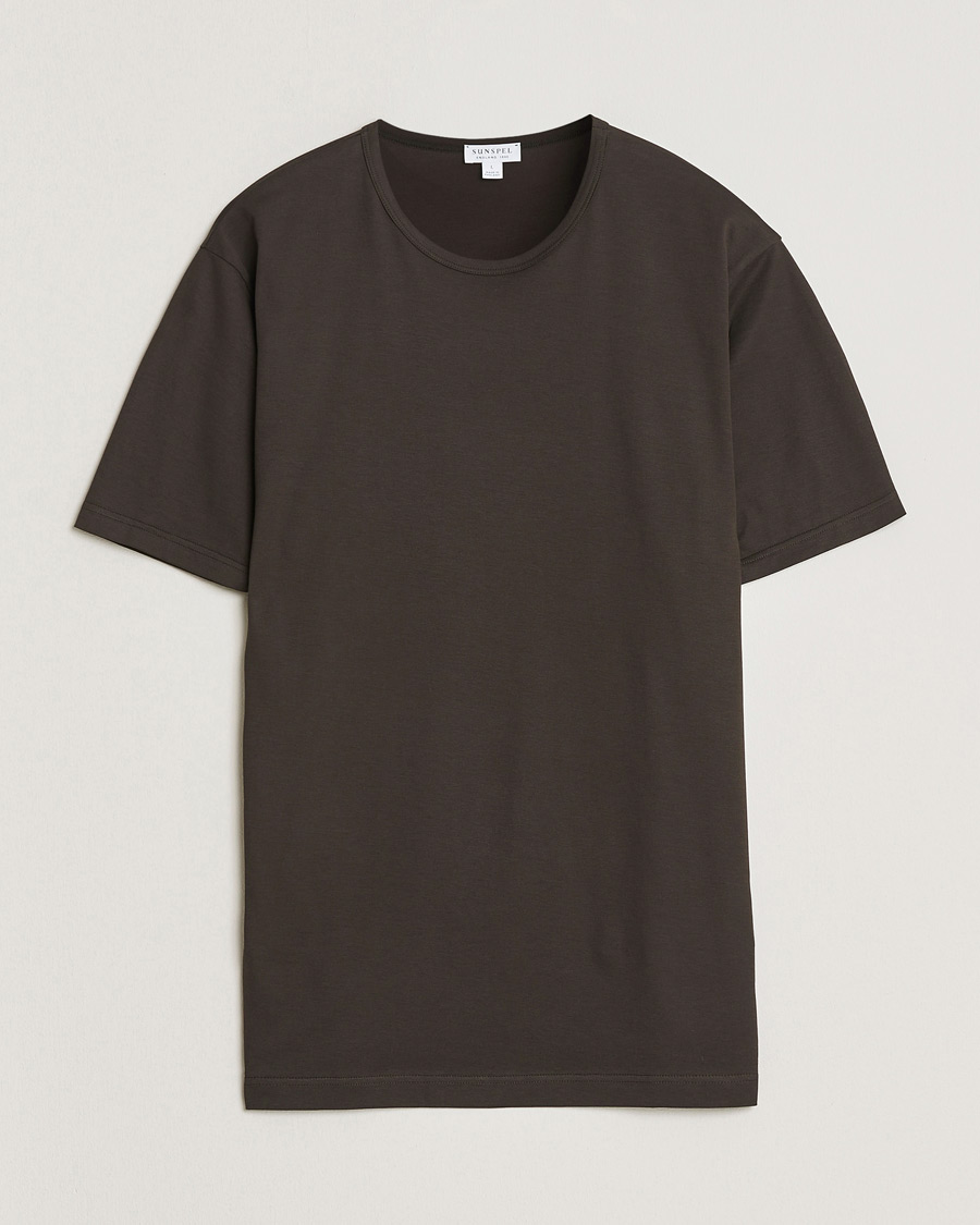 Men | T-Shirts | Sunspel | Crew Neck Q82 Cotton T-Shirt Dark Chocolate