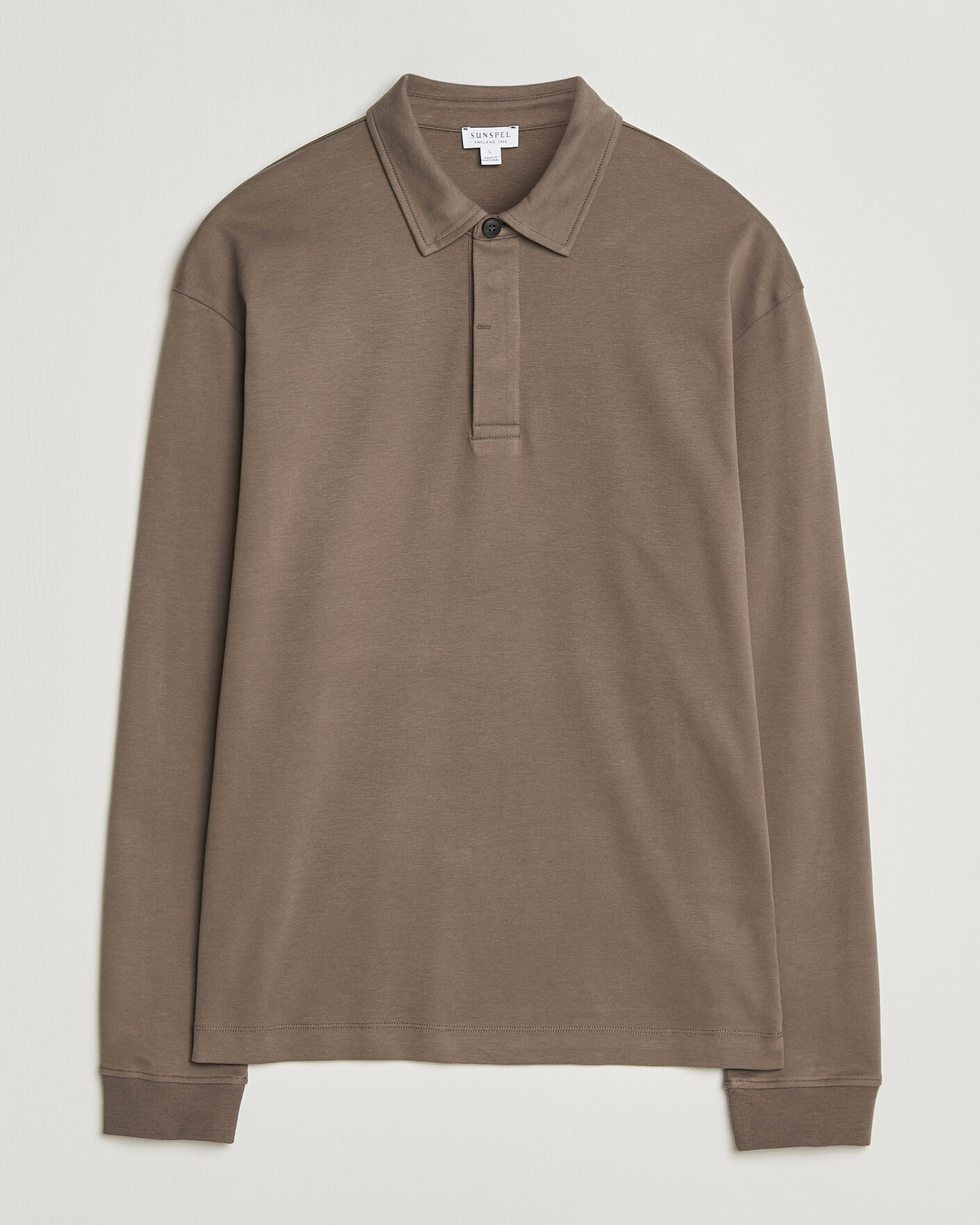 Men | Polo Shirts | Sunspel | Heavy Weight Supima Cotton Long Sleeve Polo Dark Cedar
