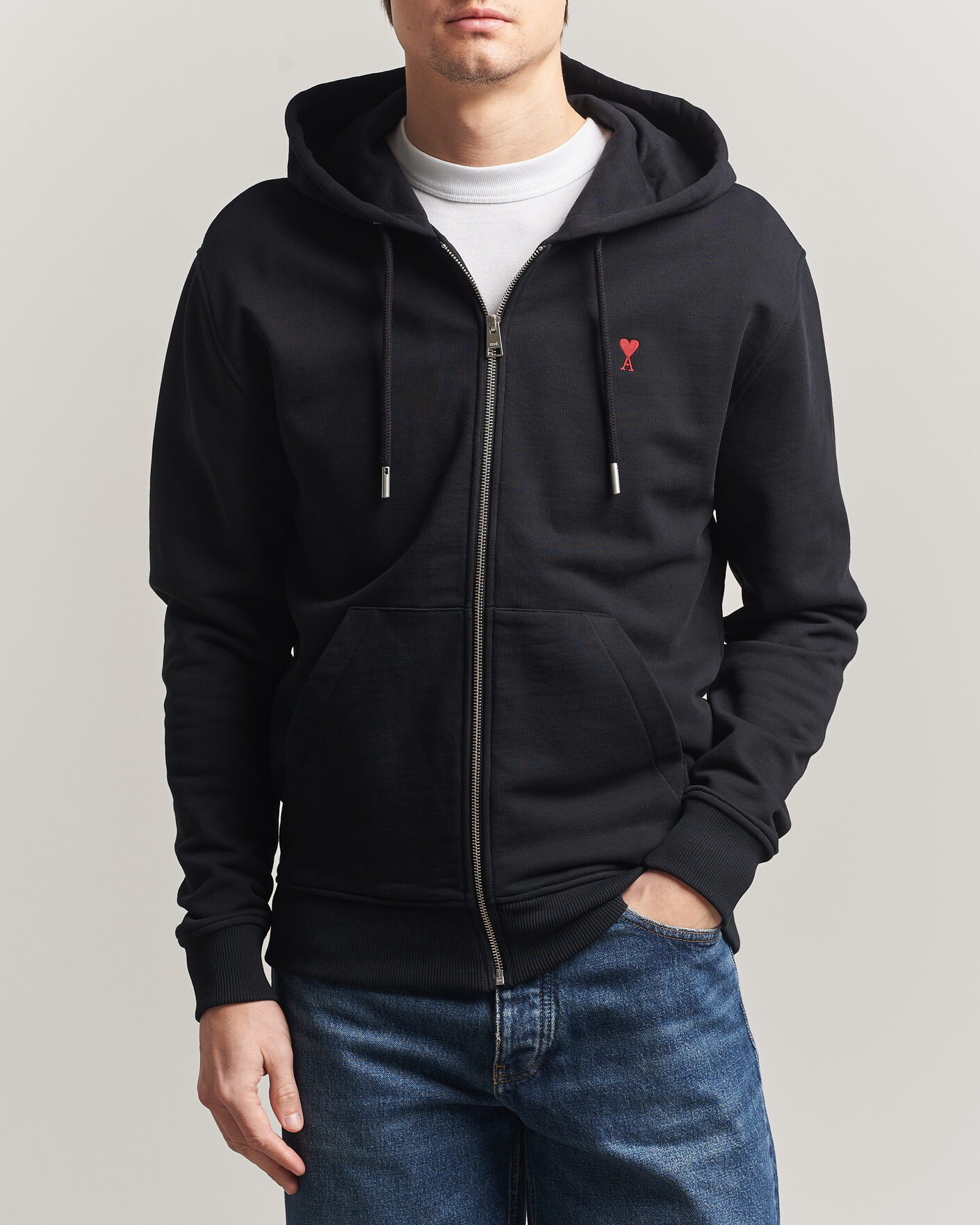 Men | Sweaters & Knitwear | AMI | Heart Logo Full Zip Hoodie Black