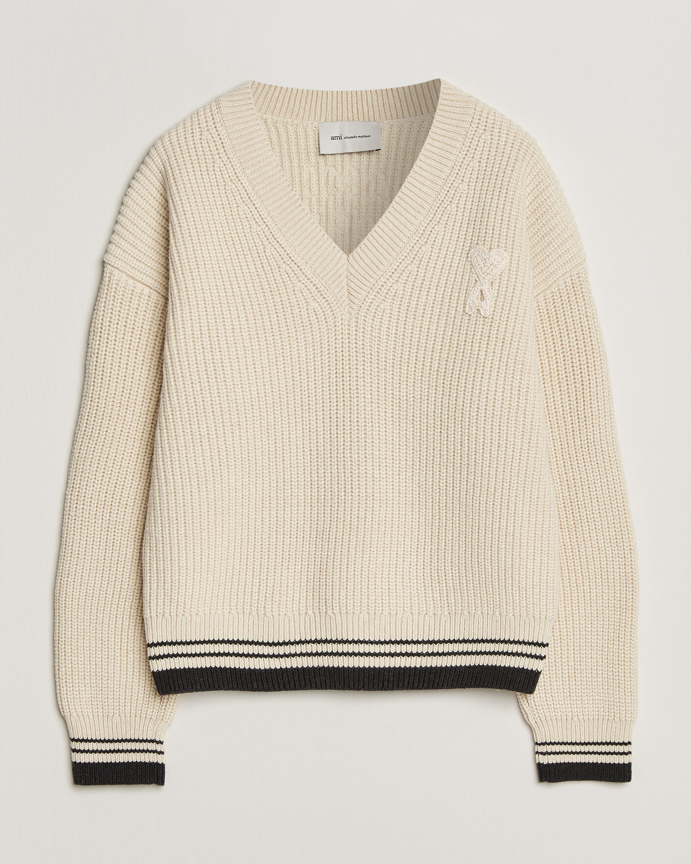 Men | Sweaters & Knitwear | AMI | Wool/Cotton Ribbed V-Neck Creme