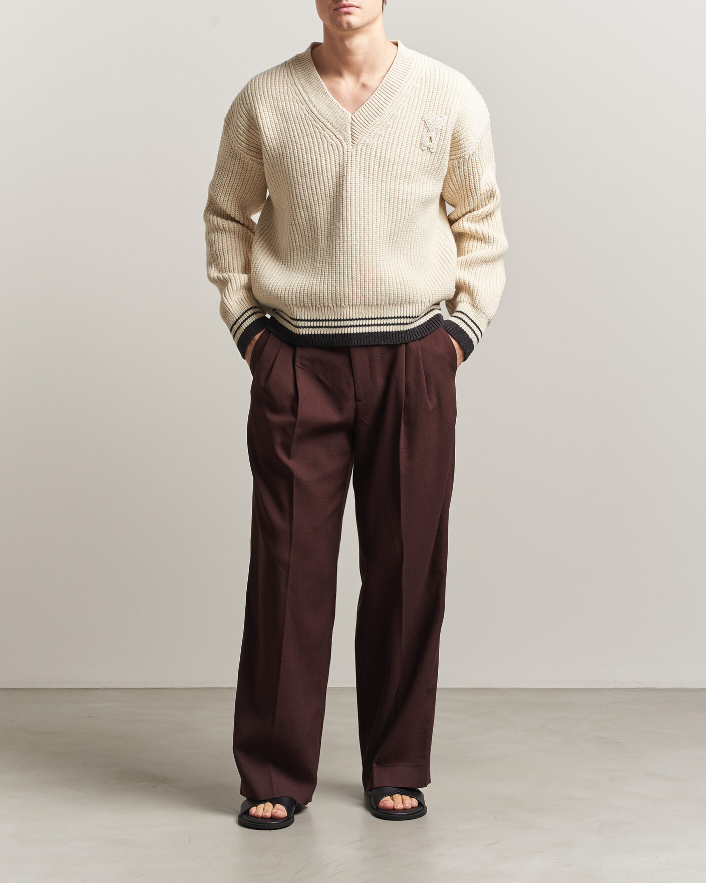 Men | Sweaters & Knitwear | AMI | Wool/Cotton Ribbed V-Neck Creme