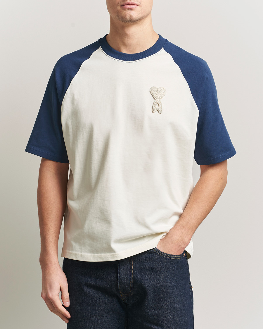 Men | T-Shirts | AMI | Knitted Heart Logo T-Shirt Creme/Navy