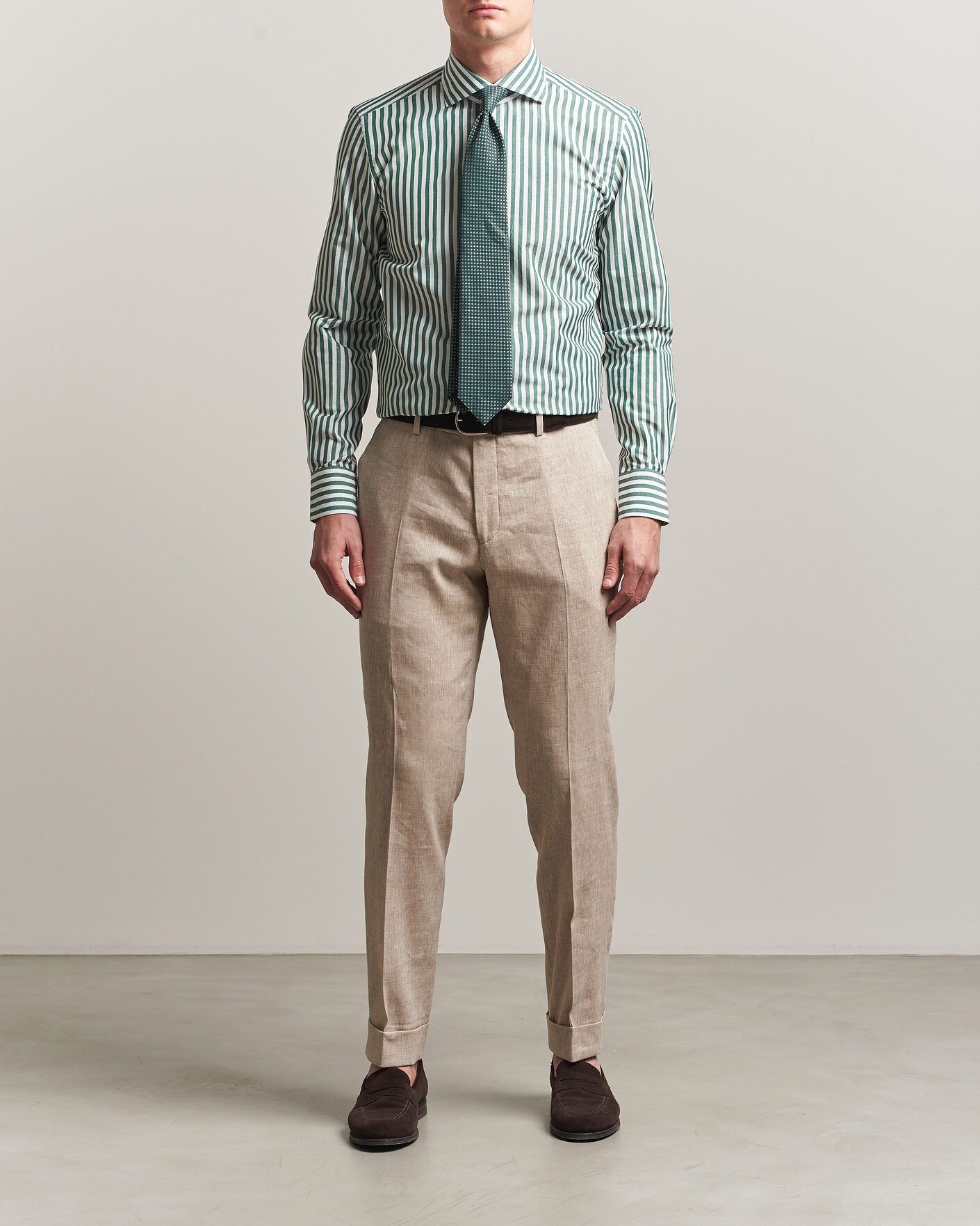 Men | Shirts | 100Hands | Cotton/Linen Bengal Stripe Shirt Green