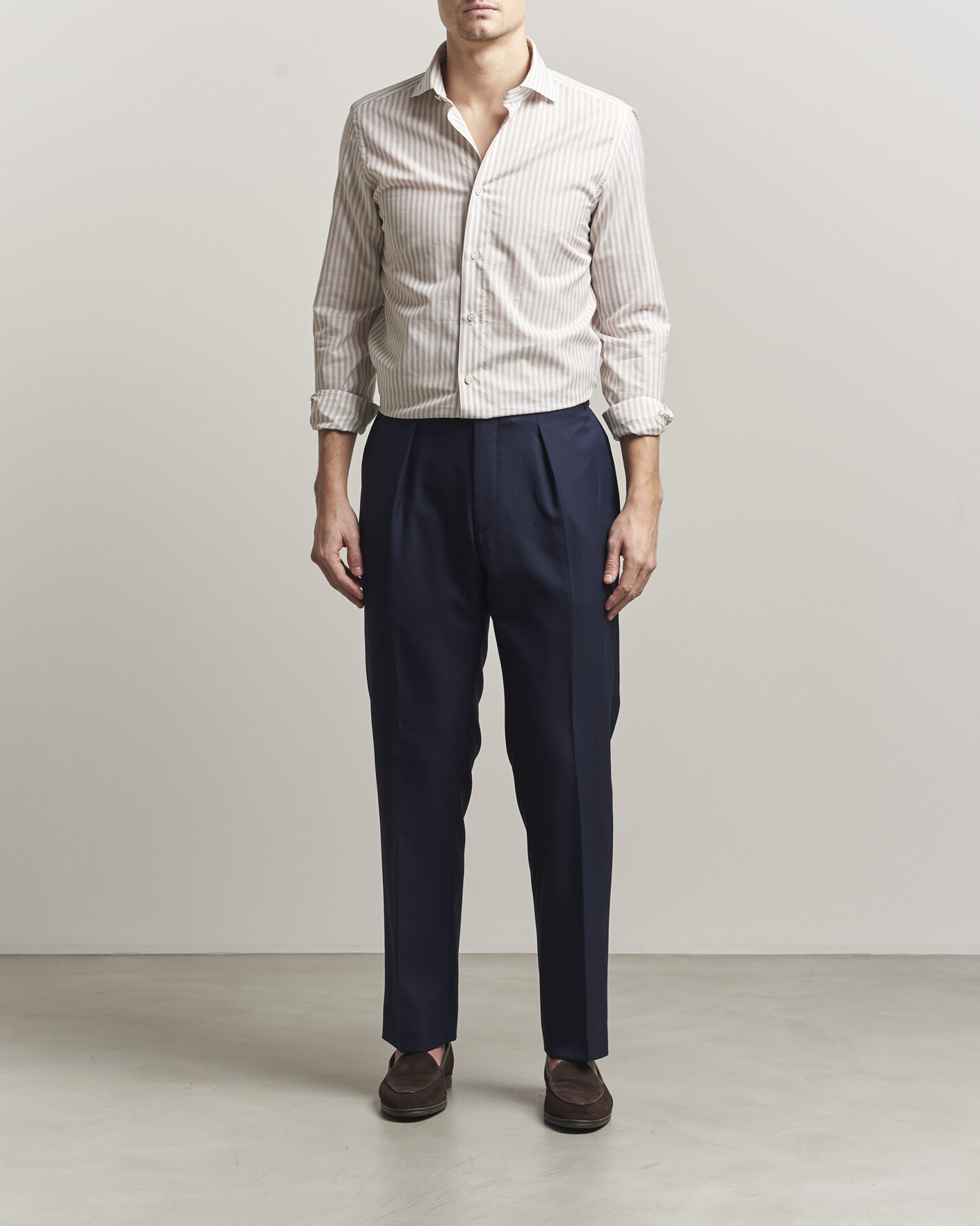 Men | Shirts | 100Hands | Cotton/Linen Bengal Stripe Shirt Light Brown