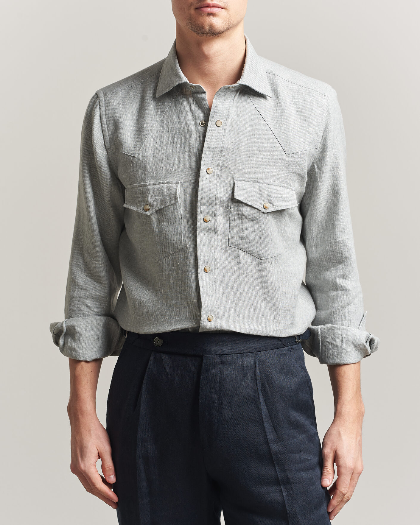 Men | Shirts | 100Hands | Two Pocket Western Linen Shirt Mint Green