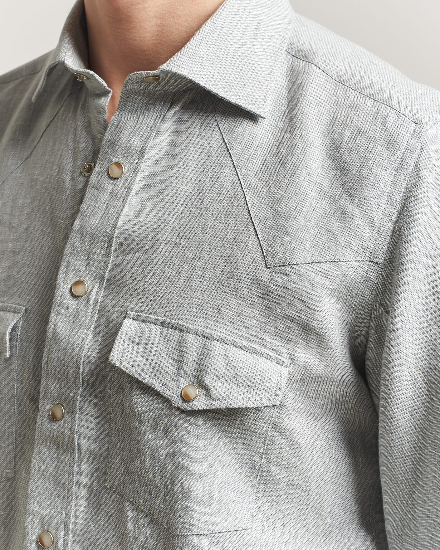 Men | Shirts | 100Hands | Two Pocket Western Linen Shirt Mint Green
