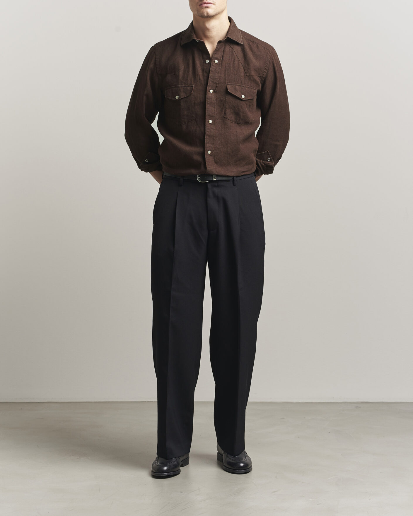 Men | Shirts | 100Hands | Two Pocket Western Linen Shirt Chocolate