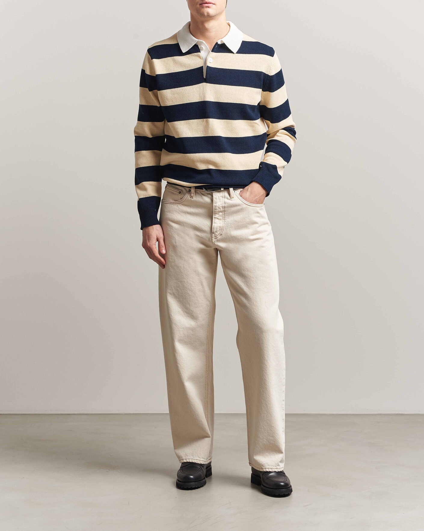 Men | Sweaters & Knitwear | Aspesi | Long Sleeve Knitted Polo Navy/Ecru