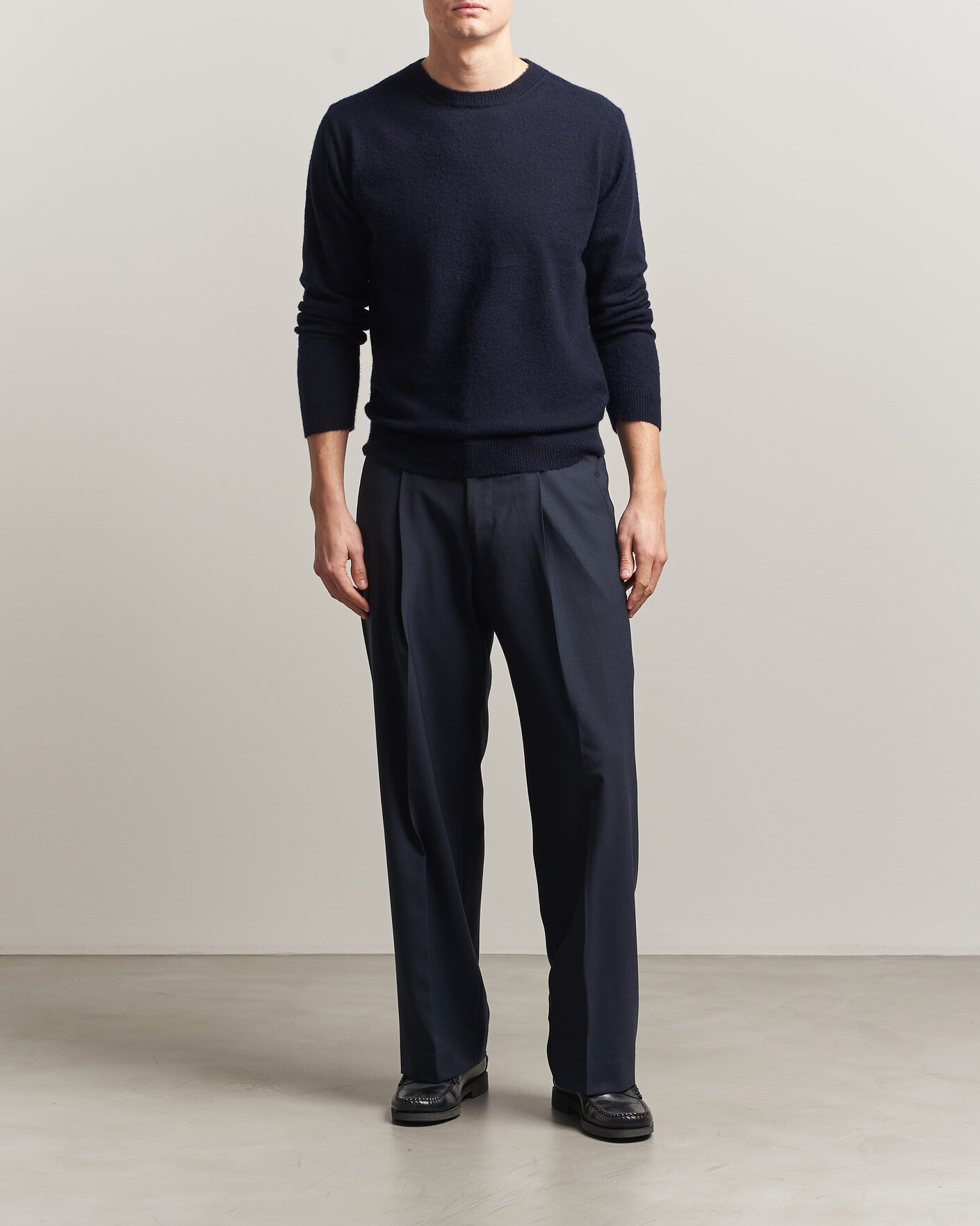 Auralee Brushed Cashmere/Cotton Crew Neck Navy at CareOfCarl.com
