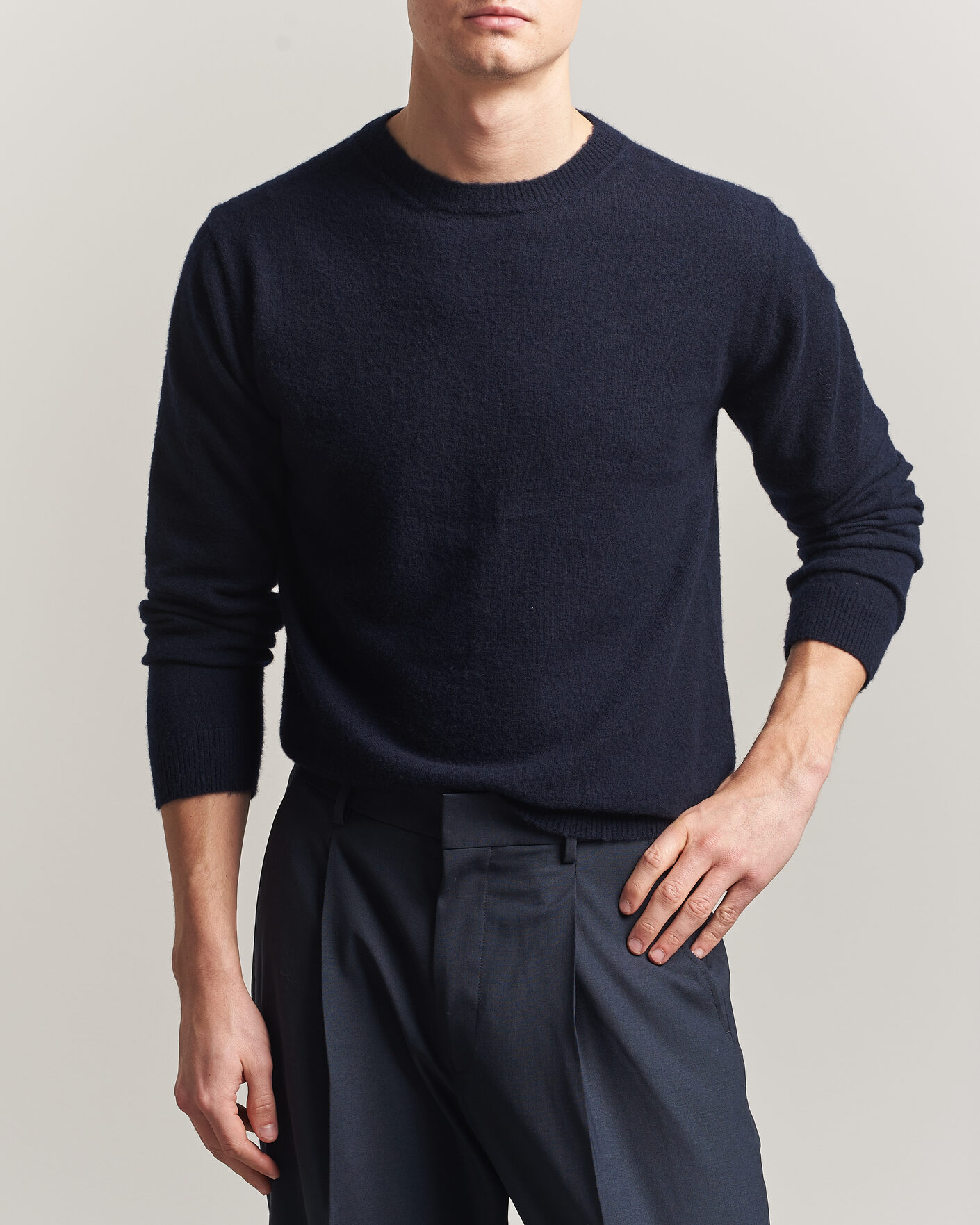 Men | Sweaters & Knitwear | Auralee | Brushed Cashmere/Cotton Crew Neck Navy