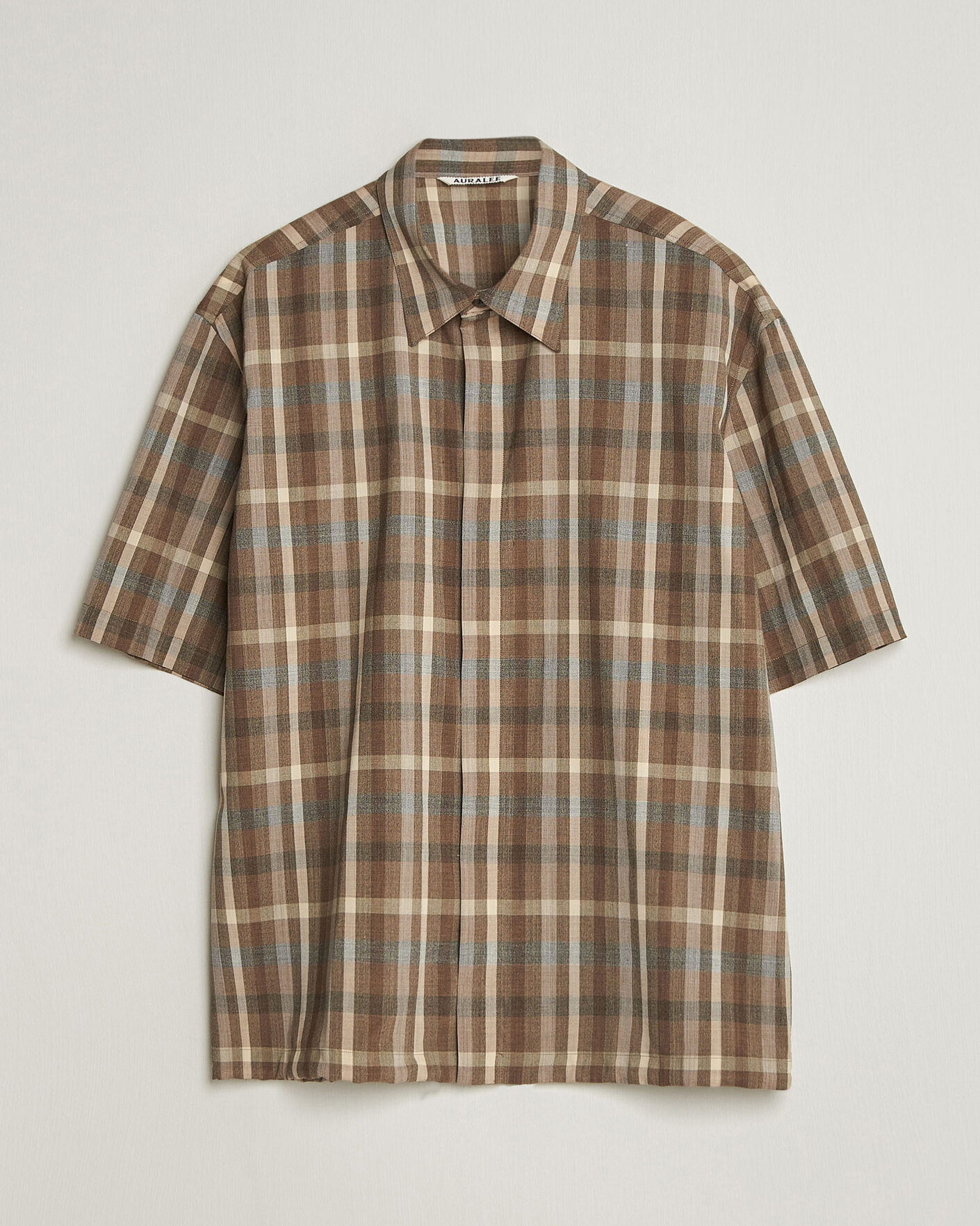Auralee Tropical Wool Half Sleeve Shirt Brown Check at CareOfCarl.com