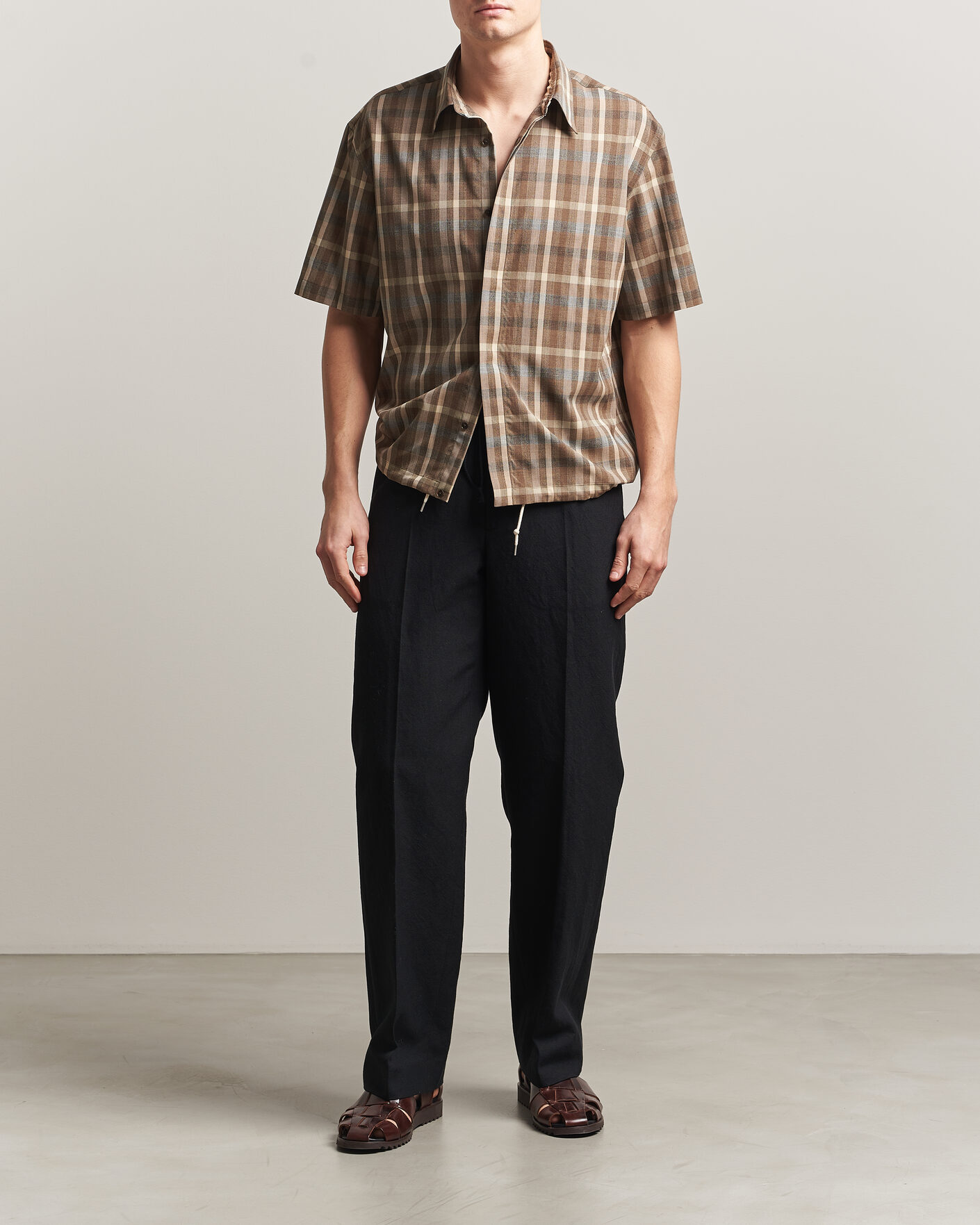 トップス auralee TROPICAL WOOL CHECK HALF-SLEEVED Auralee Tropical Wool Half Sleeve Shirt Brown Check at CareOfCarl.com