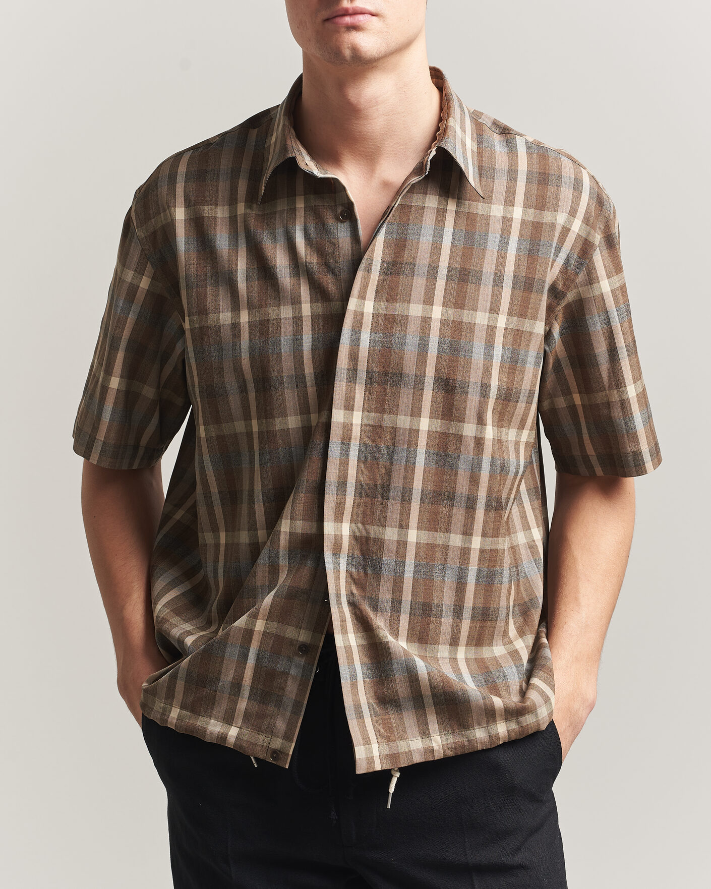 Auralee Tropical Wool Half Sleeve Shirt Brown Check at CareOfCarl.com
