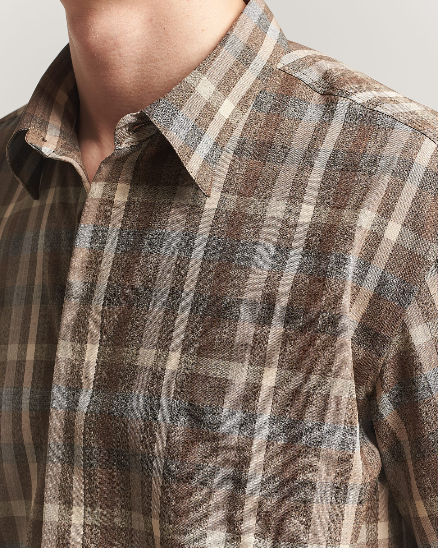 Auralee Tropical Wool Half Sleeve Shirt Brown Check at CareOfCarl.com