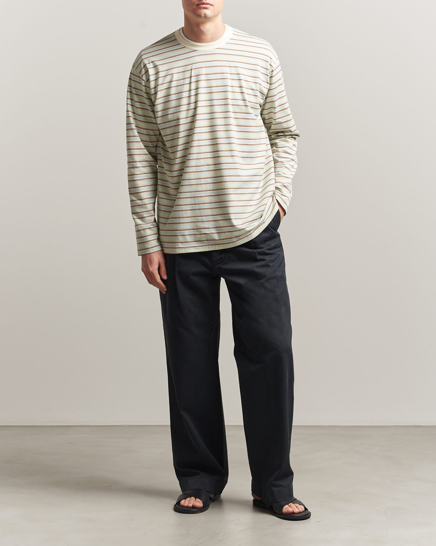 Men | T-Shirts | Auralee | Long Sleeve Cotton T-Shirt Mint Stripe