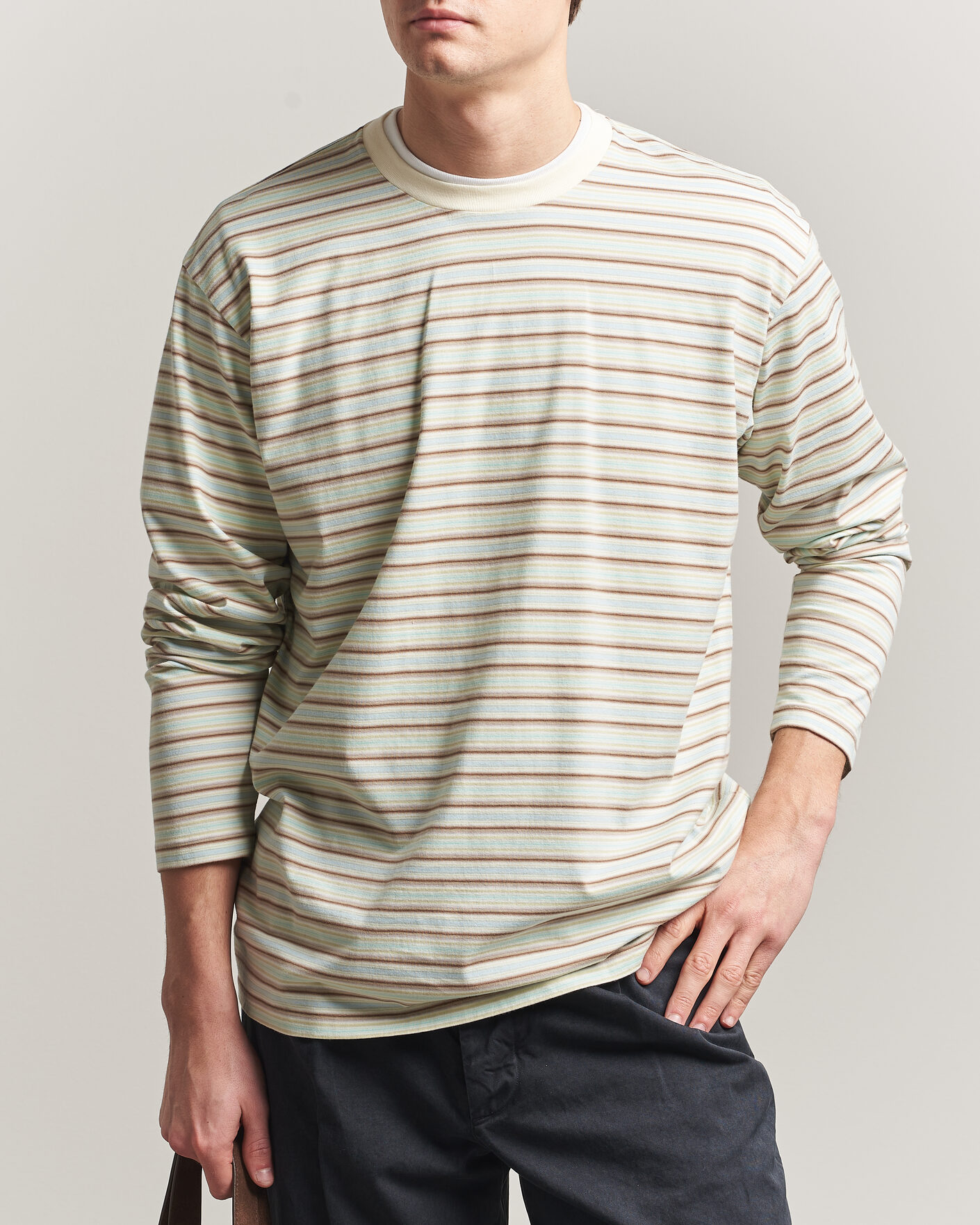 Men | T-Shirts | Auralee | Long Sleeve Cotton T-Shirt Mint Stripe