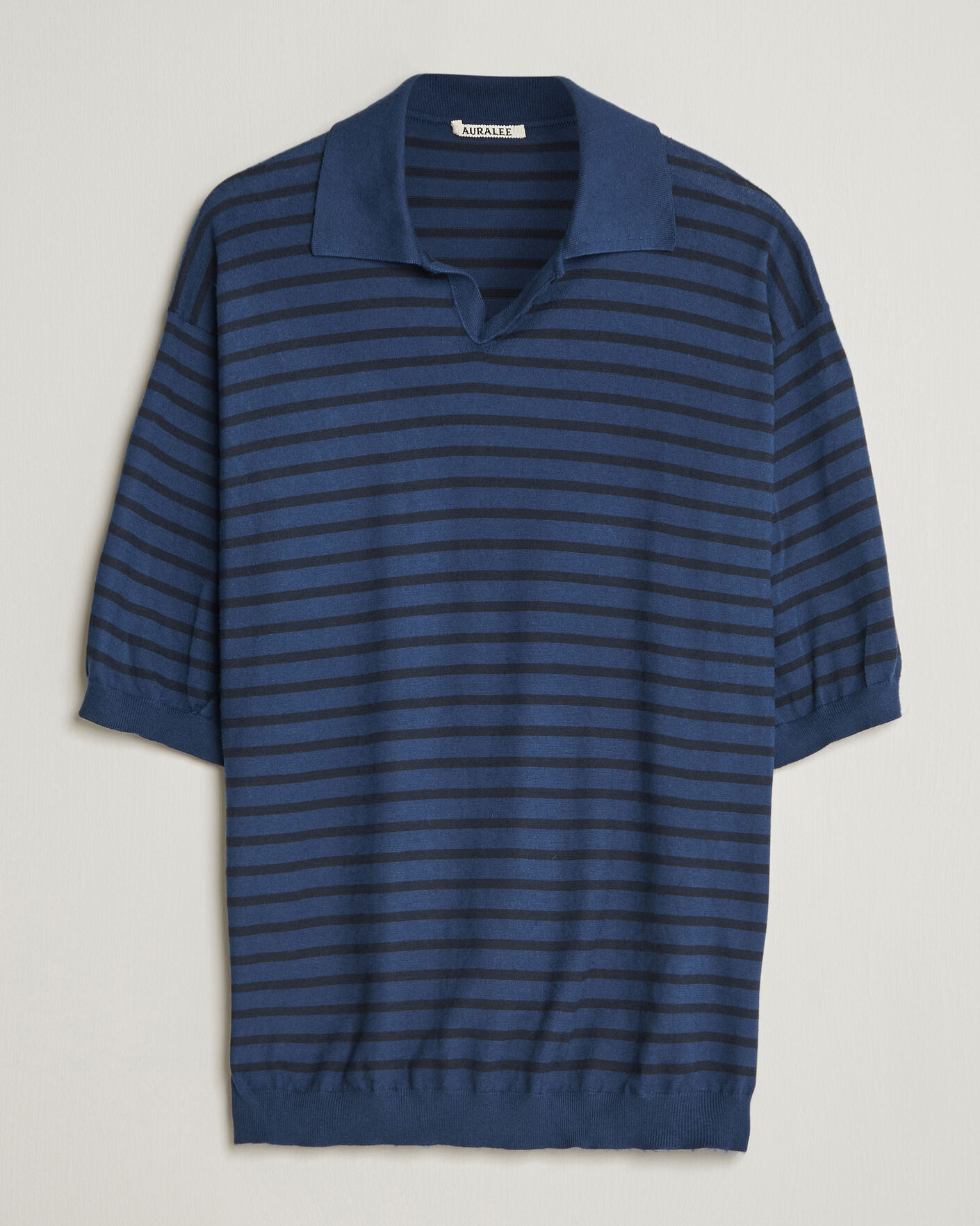 Auralee Cotton Knit Skipper Polo Navy Stripe at CareOfCarl.com