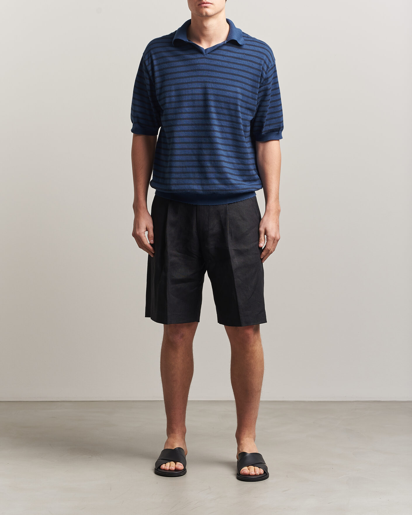 Men | Polo Shirts | Auralee | Cotton Knit Skipper Polo Navy Stripe