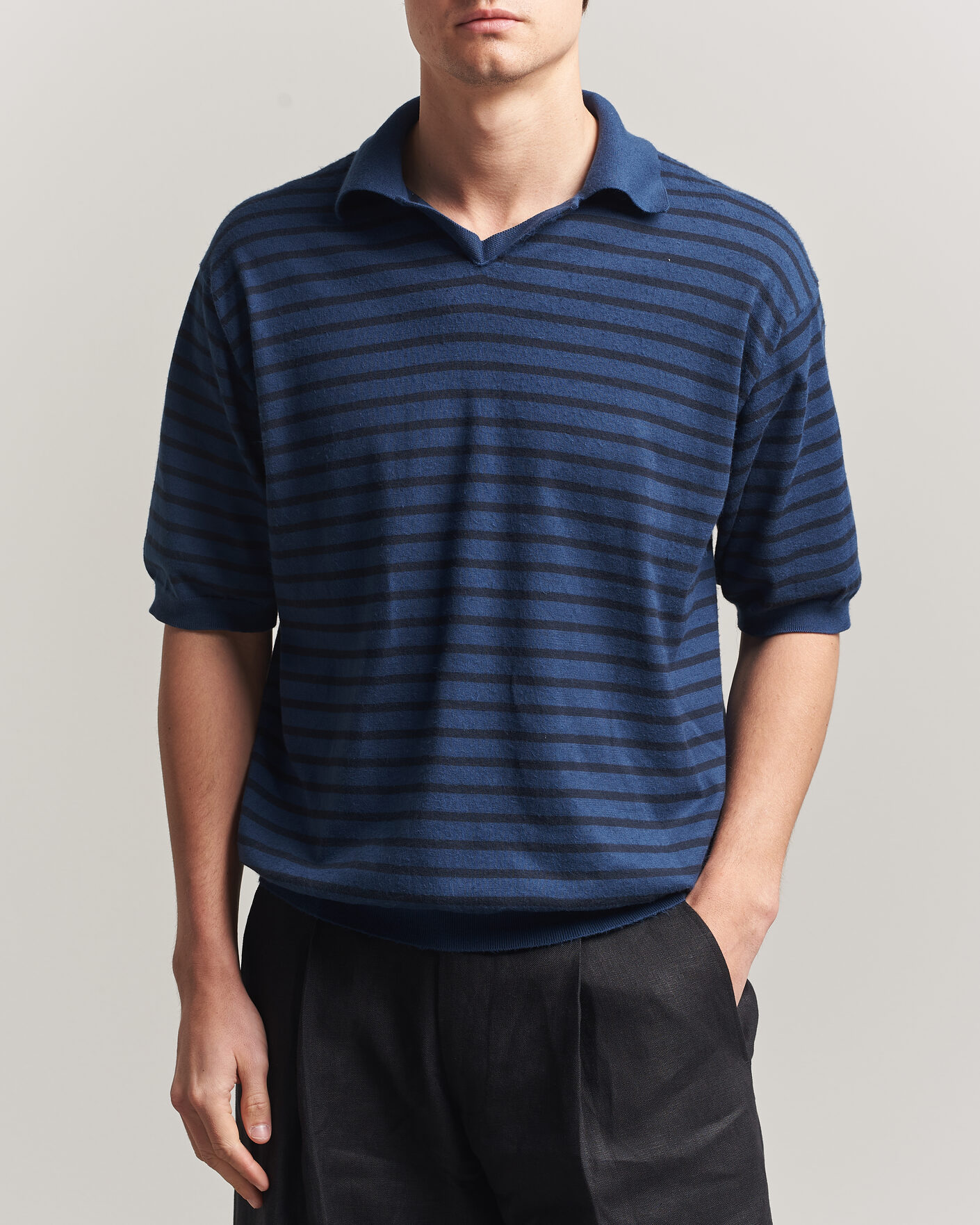 Auralee Cotton Knit Skipper Polo Navy Stripe at CareOfCarl.com
