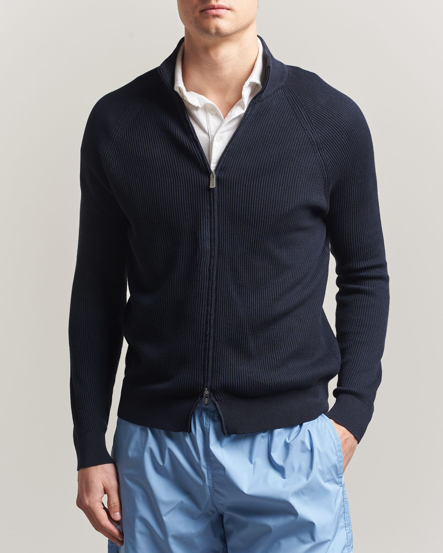 Men | Sweaters & Knitwear | Fedeli | Giza Cotton Full Zip Sweater Navy