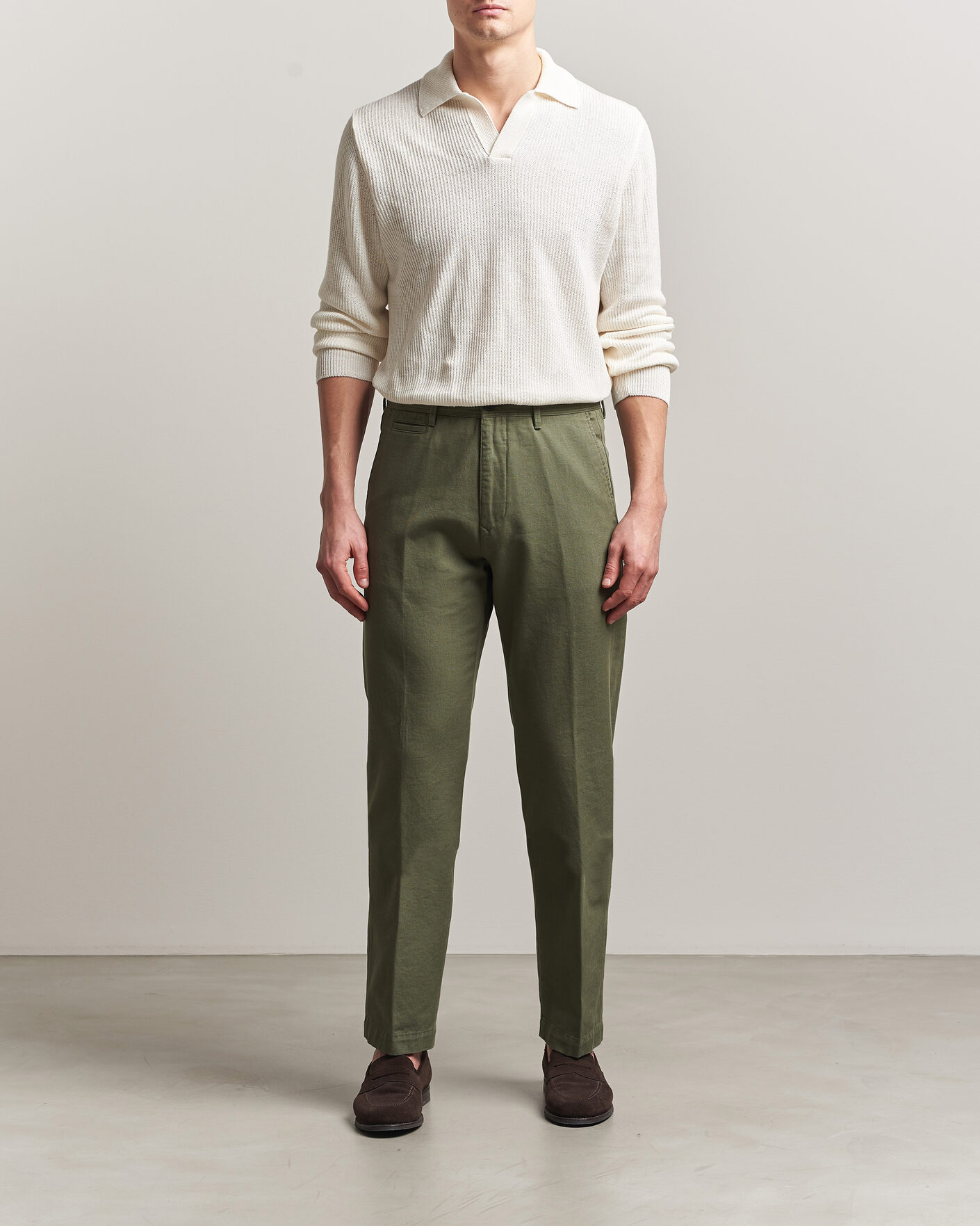 Men | Trousers | Incotex | Regular Fit Uniform Cotton Slacks Military