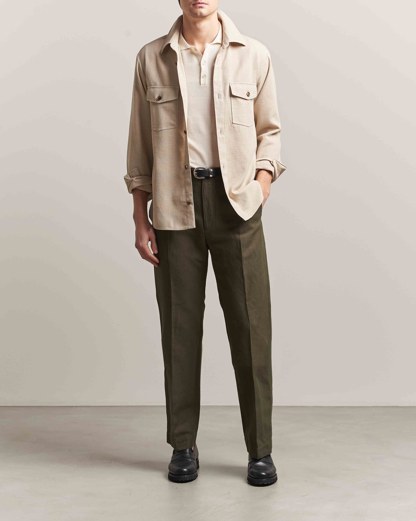 Men | Trousers | Incotex | Regular Fit Cotton/Linen Drill Trousers Military