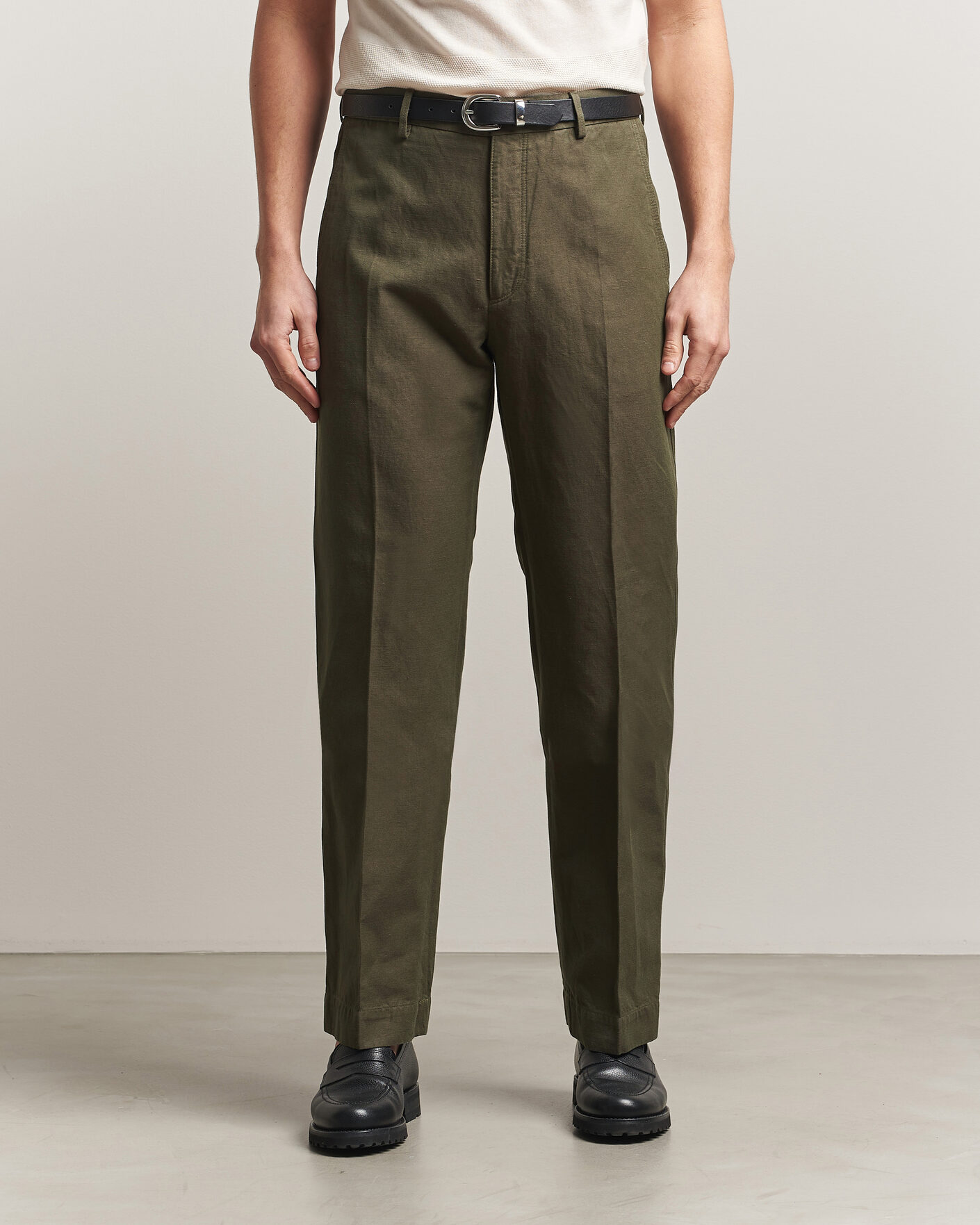 Men | Trousers | Incotex | Regular Fit Cotton/Linen Drill Trousers Military