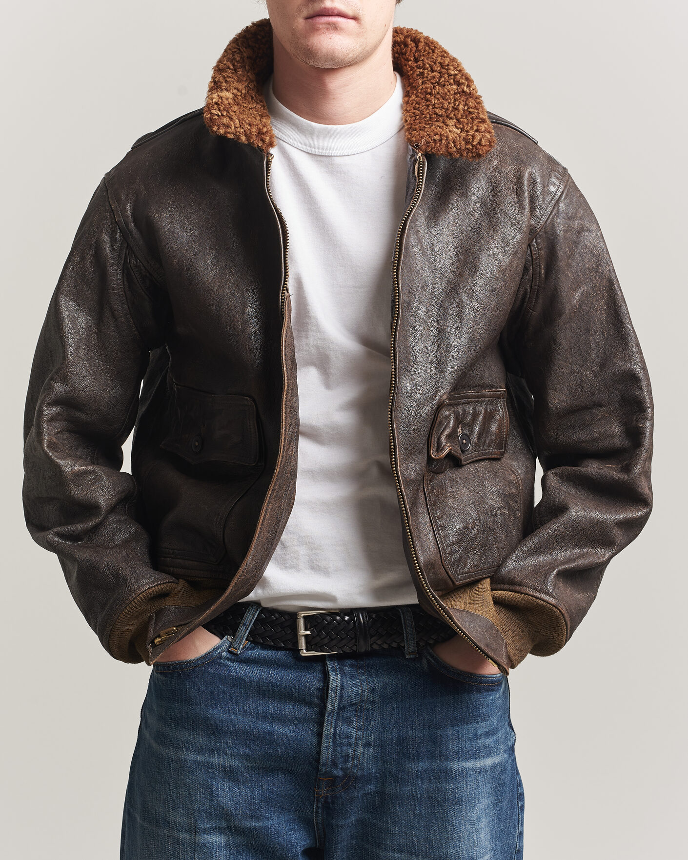 RRL Pratt Leather Jacket Vintage Brown at CareOfCarl.com