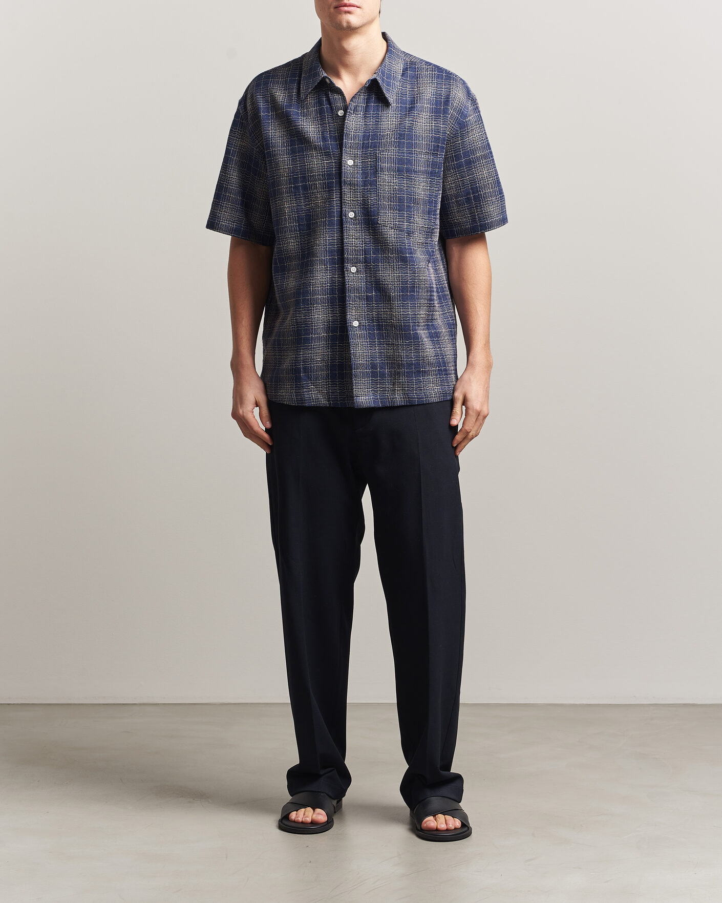 Men | Shirts | Palmes | Cotton/Linen Short Sleeve Shirt Navy Check