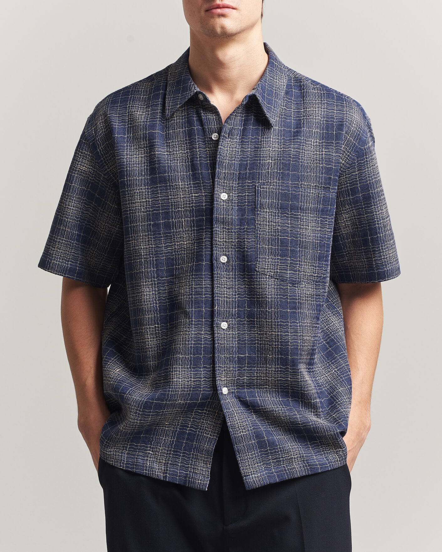 Men | Shirts | Palmes | Cotton/Linen Short Sleeve Shirt Navy Check
