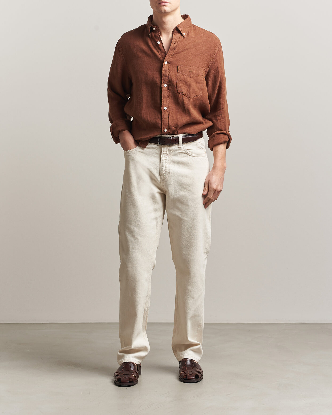 Men | Shirts | Gant | Regular Fit Garment Dyed Linen Shirt Mahogany Brown