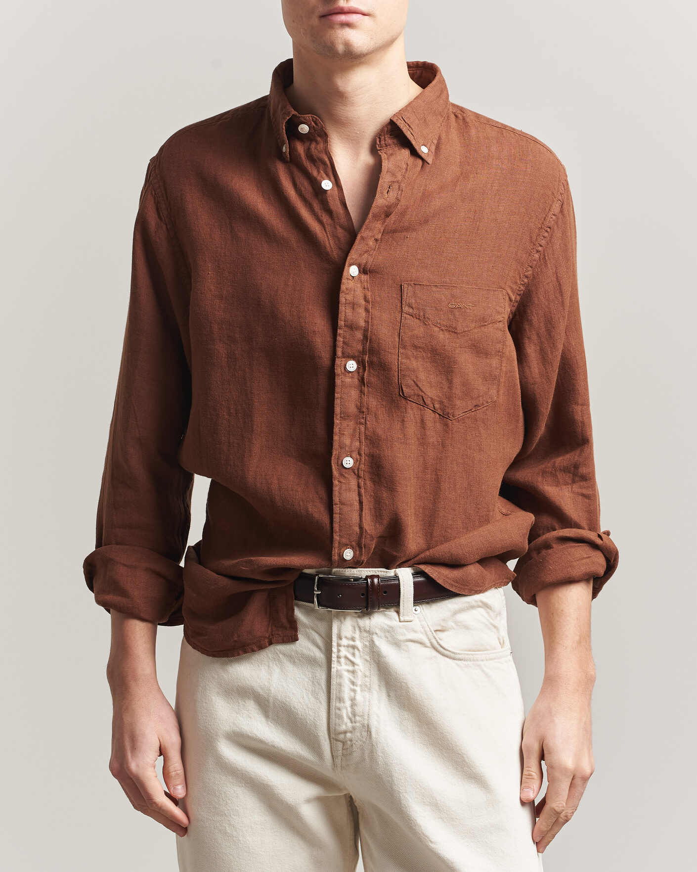 Men | Shirts | Gant | Regular Fit Garment Dyed Linen Shirt Mahogany Brown