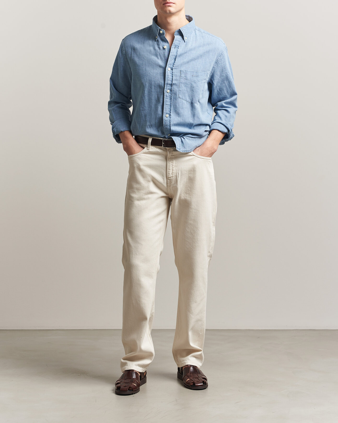 Men | Shirts | Gant | Regular Fit Cotton Linen Indigo Shirt Semi Light Blue