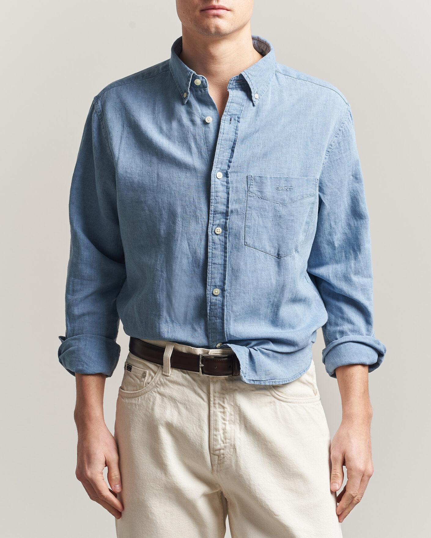 Men | Shirts | Gant | Regular Fit Cotton Linen Indigo Shirt Semi Light Blue