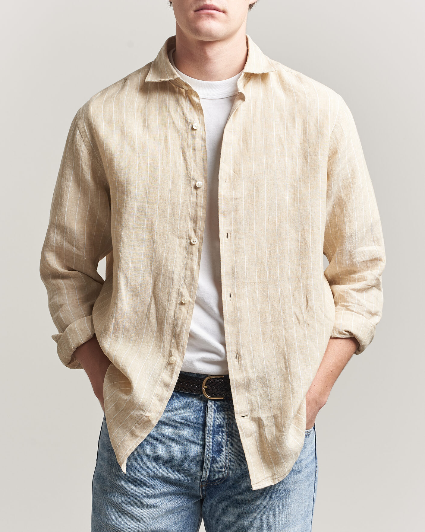 Men | Shirts | GANT | Regular Fit Linen Striped Shirt Oat Beige
