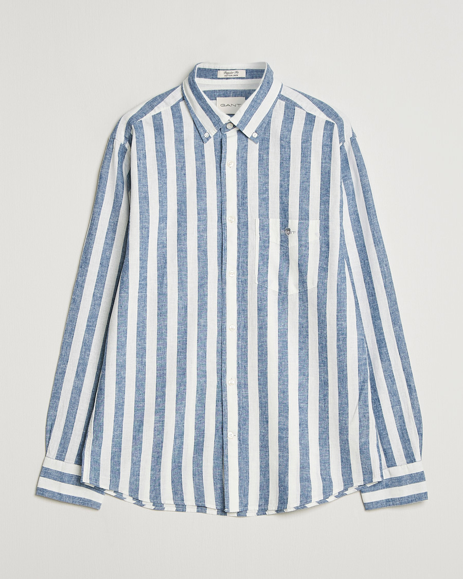 Men | Shirts | GANT | Regular Fit Linen/Cotton Striped Shirt Vintage Blue
