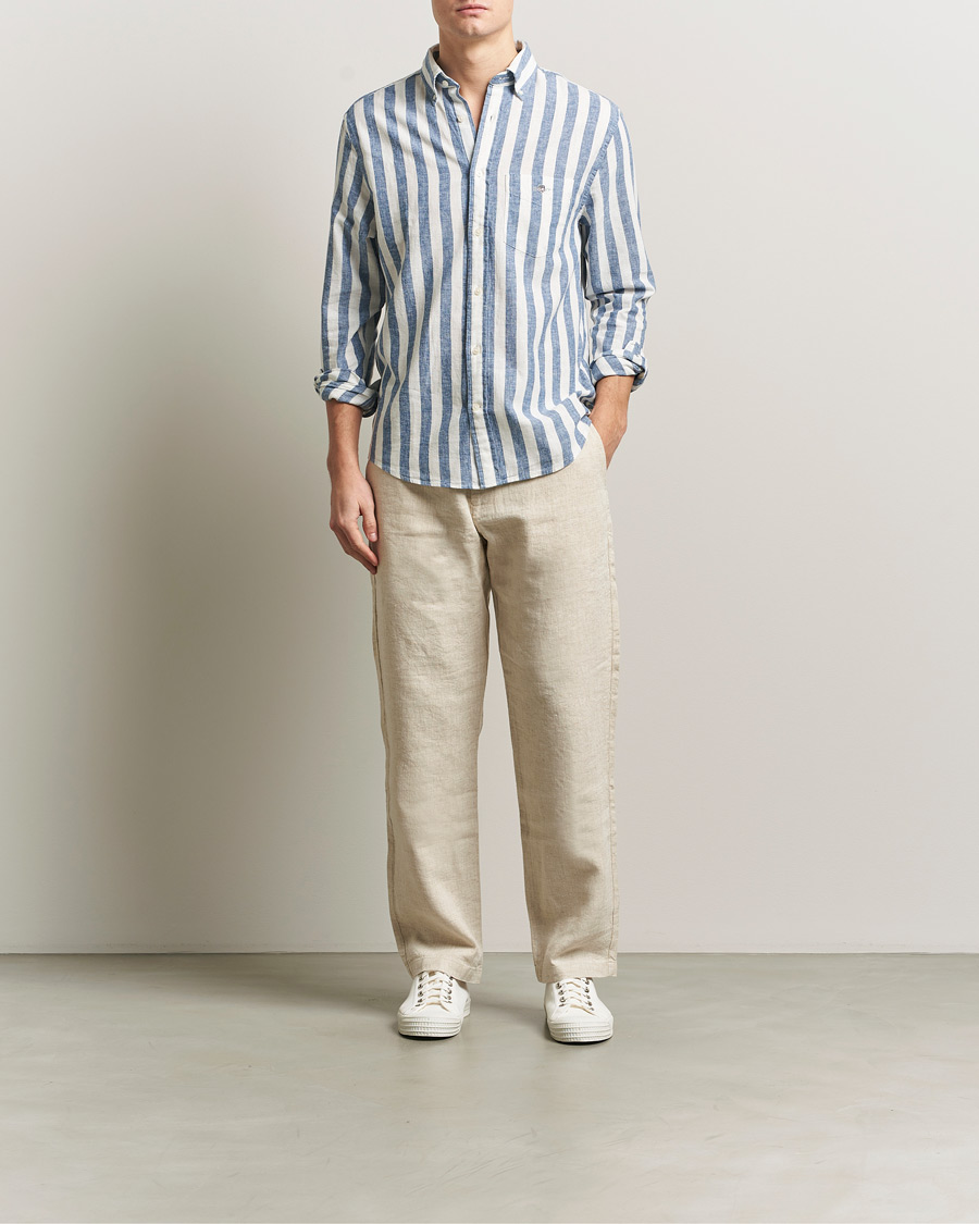 Men | Shirts | GANT | Regular Fit Linen/Cotton Striped Shirt Vintage Blue