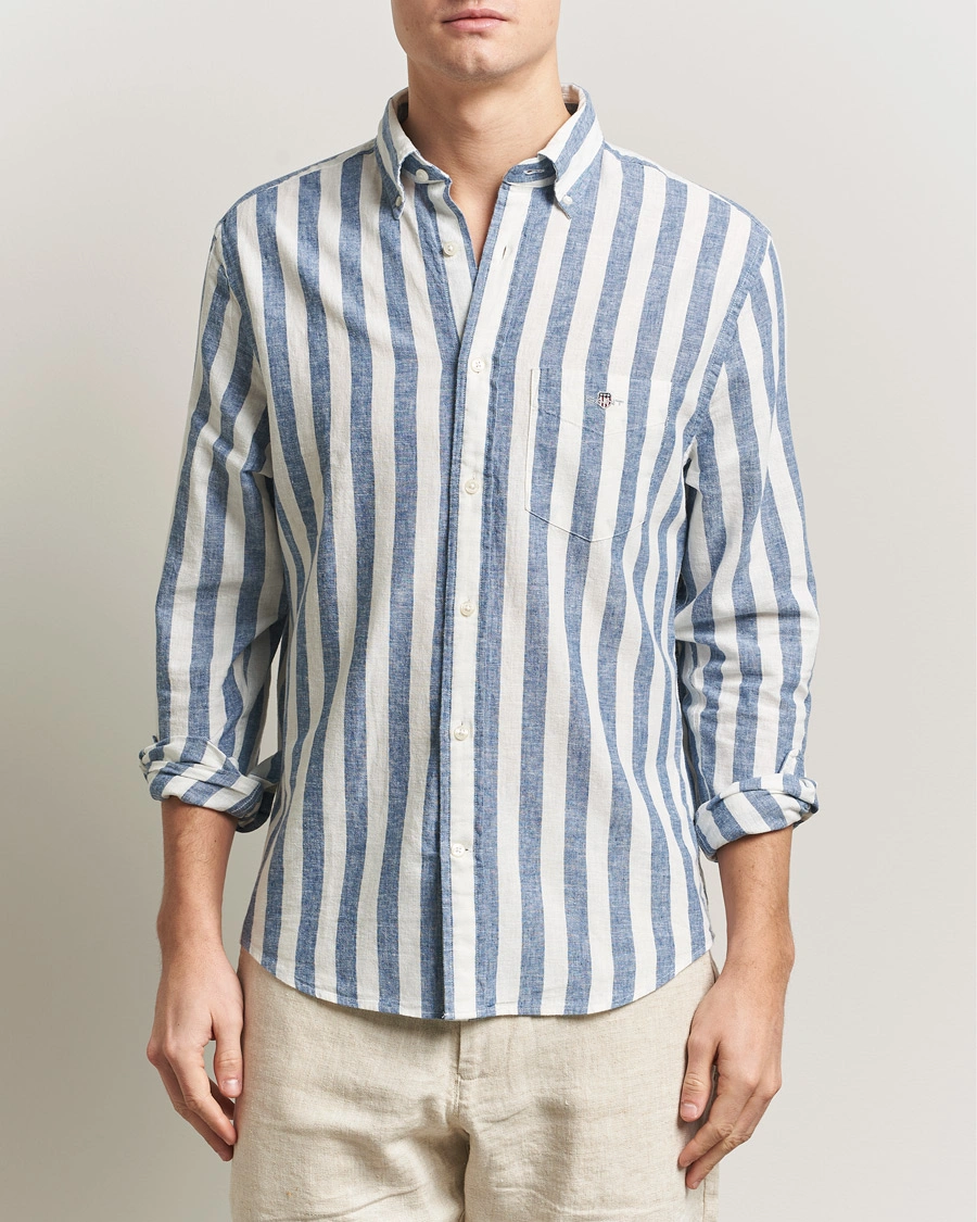 Men | Shirts | GANT | Regular Fit Linen/Cotton Striped Shirt Vintage Blue