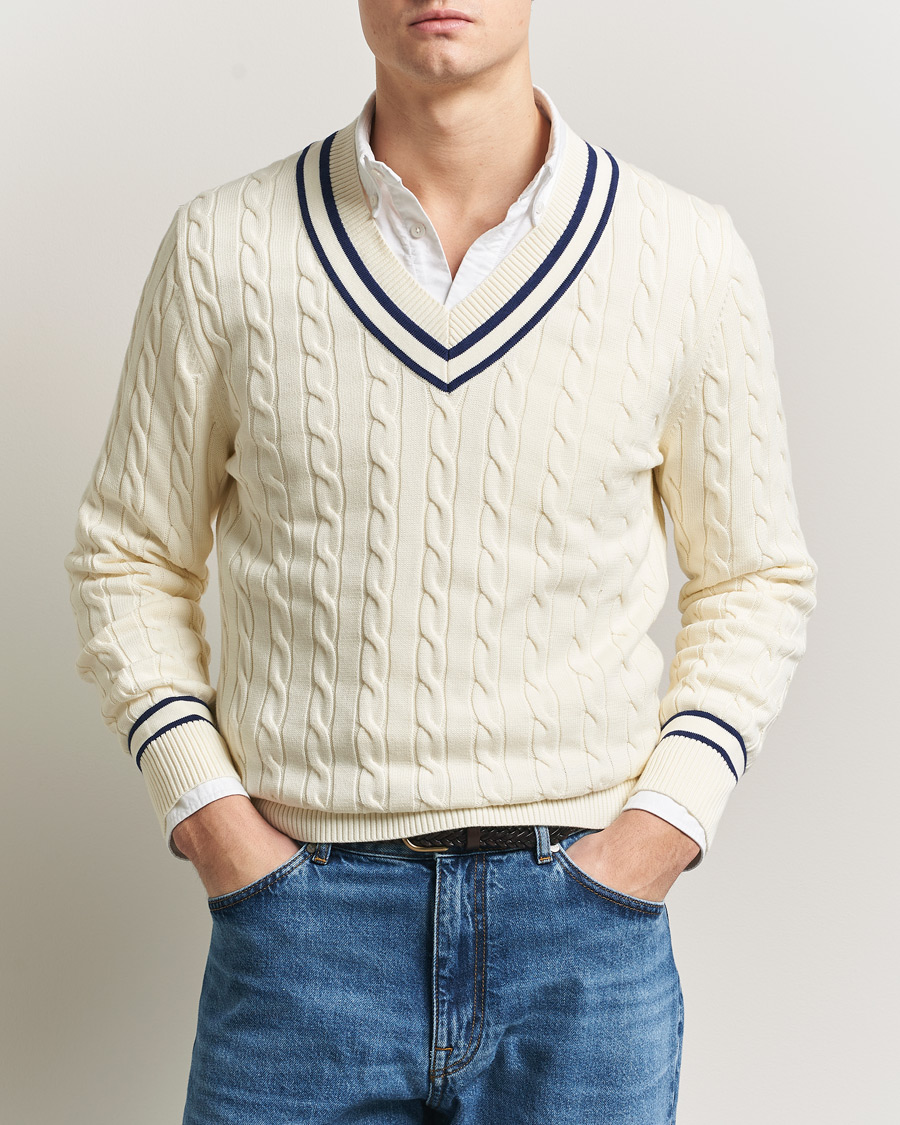 Men | Sweaters & Knitwear | GANT | Cotton Cable Cricket Sweater Cream