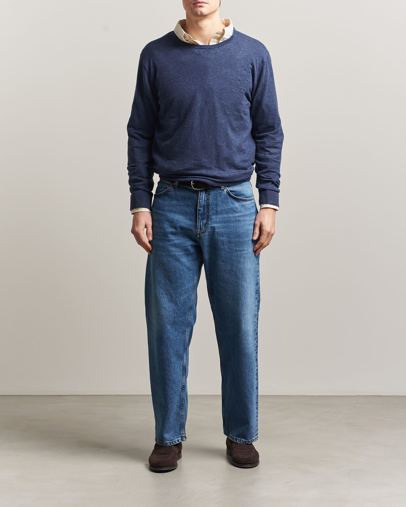 Men | Sweaters & Knitwear | Gant | Cotton/Linen Slub Knitted Sweater Dark Indigo Melange