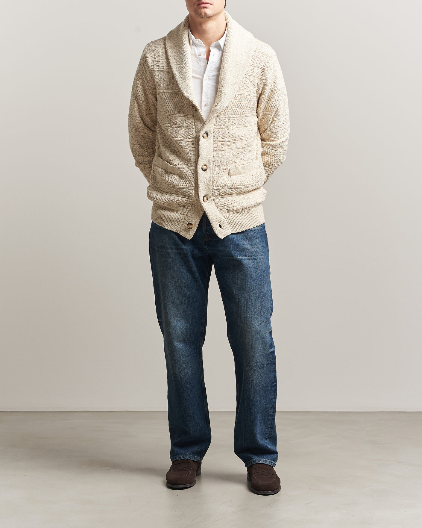Men | Sweaters & Knitwear | Gant | Cotton/Linen Textured Cardigan Creamed White